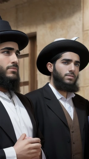 group of Young  haredim men,  gathered together, focus on the characters' faces, characters