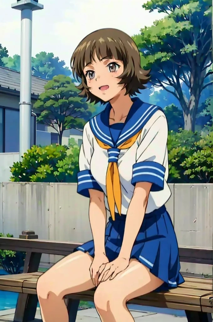 (masterpiece:1.3),(highest quality:1.4),(Super detailed:1.5),8K,High resolution,an extremely delicate and beautiful,Official Art,Perfect Anatomy,(anime_screencap:1.11),(90s Anime,90s Anime style,Cel-shaded anime:1.17),
anime coloring,detailed face and eyes, (solo:1.5),(anmnr:1.1),((ekitokuwz:1.52)),(school uniform:1.3),serafuku,short brown hair, pleated skirt, blue skirt, brown eyes, yellow neckerchief, short sleeves, japanese architecture,
Sitting, bench, wave hands, Open Mouth Smile, Outdoor