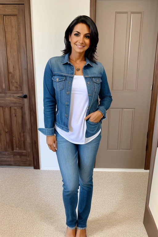 mujer madura, mostrando escote, de pie, ((clean skin)), 40 years old, grande, (escote), pecas, cabello corto, rubio, Taza buena, (((front view))), ((((full body)))), ((serious)), ((pechos redondos)), (pechos caidos)