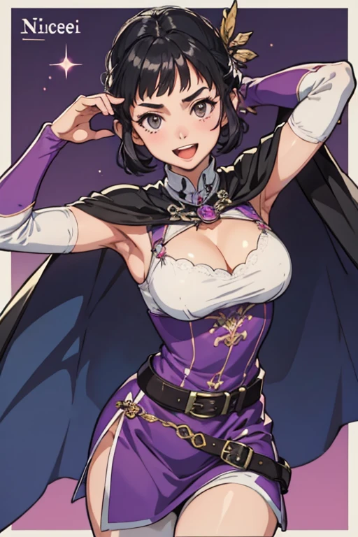 masterpiece, highest quality, One adult woman,Very detailed,Rin々Nice face,Open Mouth Smile,White, pink, and purple adventurer uniform,Medieval Europe,Show your armpits,Black eyes,The dignity of a hero,tattoo,Cape,Legs visible through the skirt,Natural Beauty,Cinematic,Medium cleavage