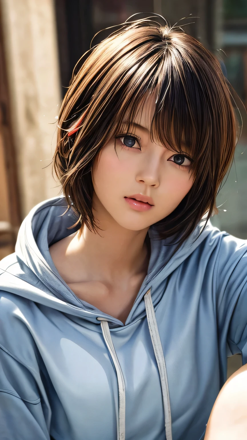 (NSFW:-1.5), (masterpiece:1.3), (8k, photorealistic, RAW photo, best quality: 1.4), 
cinematic lighting, 
(1girl), beautiful face, (realistic face), 
beautiful hairstyle, (short hair :1.5),
realistic eyes, beautiful detailed eyes, 
(realistic skin), beautiful skin, 
(hoodie without a hood), 
absurdres, attractive, 
ultra high res, ultra realistic, highly detailed, 
golden ratio, sitting, 