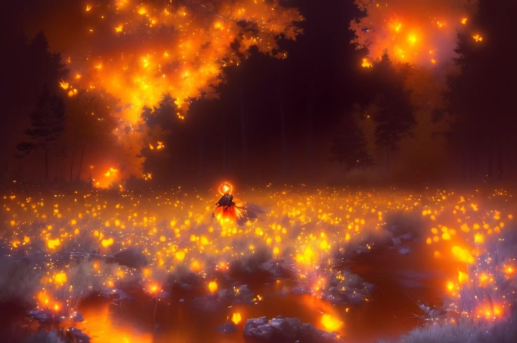 there are many yellow fire Fly in the grass by the water, magical forest with fire Fly, fire Fly and sparkling wisps, cozy night fire Fly, glowing fire Fly, among wonderful golden fire Fly, blue fire Fly, fire Fly glowing, golden fire Fly lights, swarm of fire Fly, many fire Fly, 夜のfire Flyの森, fire Fly around, fire Fly