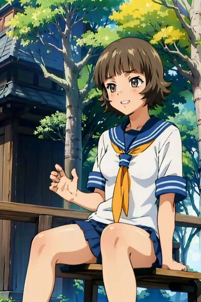(masterpiece:1.3),(highest quality:1.4),(Super detailed:1.5),8K,High resolution,an extremely delicate and beautiful,Official Art,Perfect Anatomy,(anime_screencap:1.11),(90s Anime,90s Anime style,Cel-shaded anime:1.17),
anime coloring,detailed face and eyes, (solo:1.5),(anmnr:1.1),((ekitokuwz:1.52)),(school uniform:1.3),serafuku,short brown hair, pleated skirt, blue skirt, brown eyes, yellow neckerchief, short sleeves, japanese architecture,
Sitting, bench, wave hands, Open Mouth Smile, Outdoor