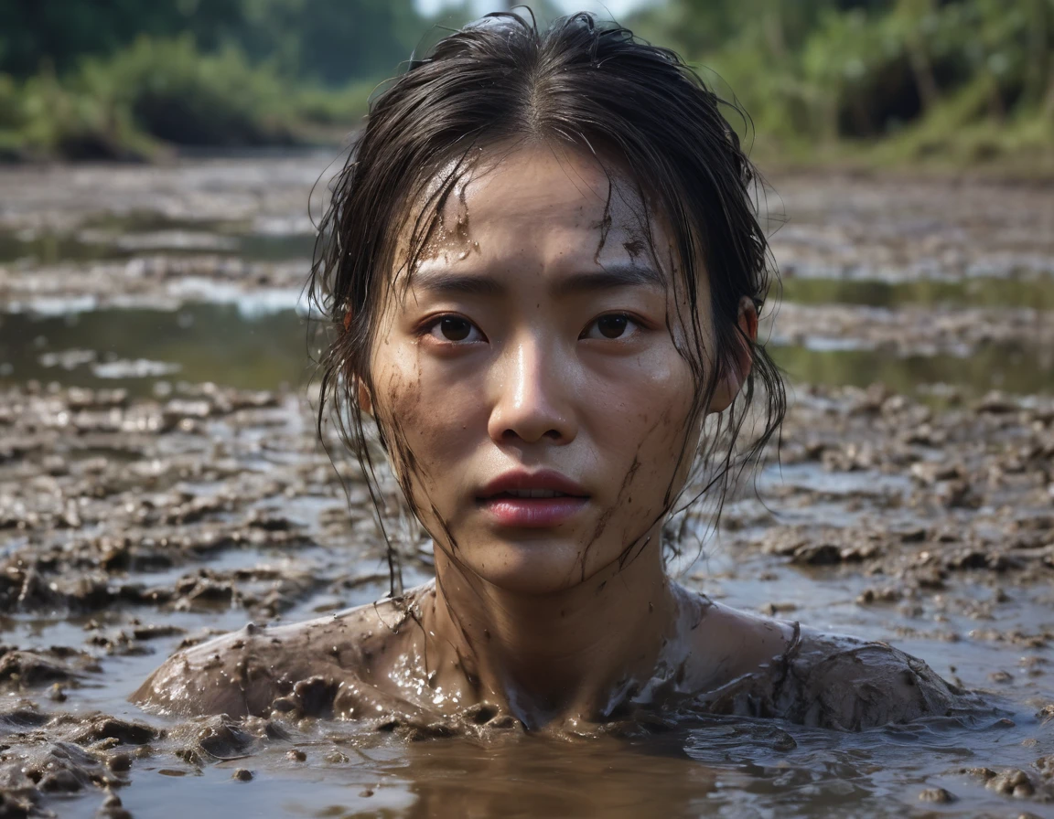 a woman's messy head drowned in a muddy bog, from afar view:1.0, asian facial features, orgasmic facial expression, losing control, (best quality,4k,8k,highres,masterpiece:1.2),ultra-detailed,(realistic,photorealistic,photo-realistic:1.37),HDR,UHD,studio lighting,ultra-fine painting,sharp focus,physically-based rendering,extreme detail description,professional,vivid colors,bokeh,dark fantasy,dramatic lighting,cinematic