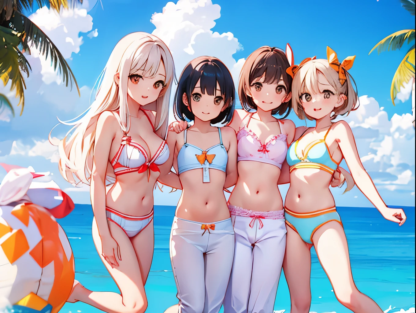 Four sisters with big breasts wearing cute underwear and cute bras、Cute white bra with ribbon、White and light blue checked bra、Cute orange bra、White underwear with cute ribbon、White and light blue striped pants、Cute orange underwear、Sandy beach, calm and clear sea and blue sky、barefoot、