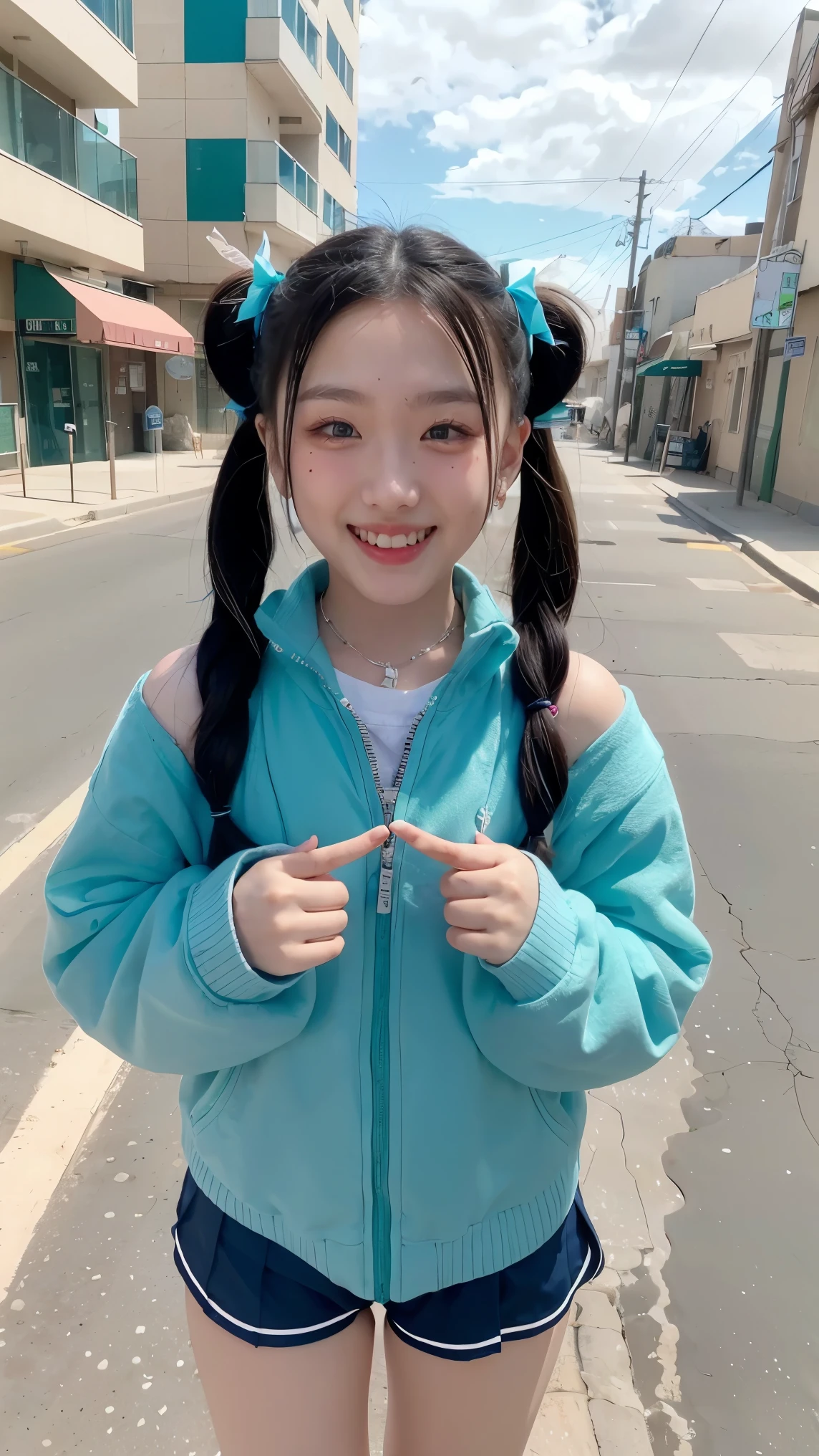 nijilorahorn a pertty nijiboy with crystal - clear horns, wearing blue - green skiwear, twintails, big beautiful ODD eyes, big warm grin, On the streets of a cyberlunk desert city 