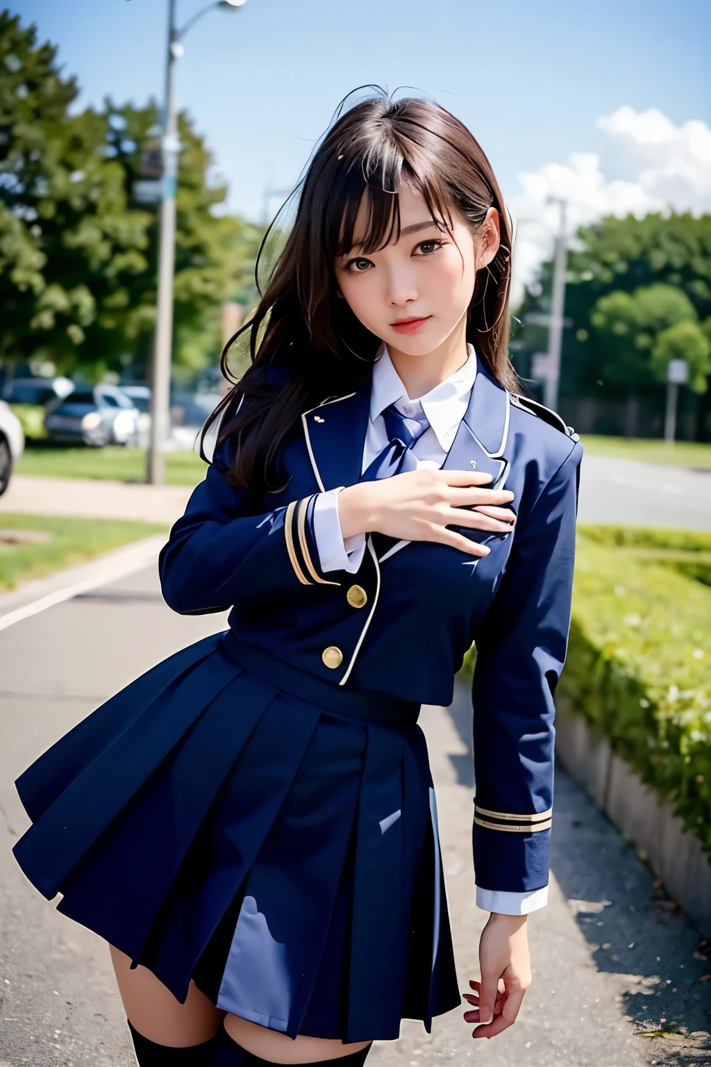 ((highest quality)), ((masterpiece)), (detailed), One girl, ((Short sleeve navy blue uniform))、Beauty、((high school girl))、uniform、seifuku、Navy Blue Skirt、Same color uniform and skirt、Strong winds、Skirt flipped up