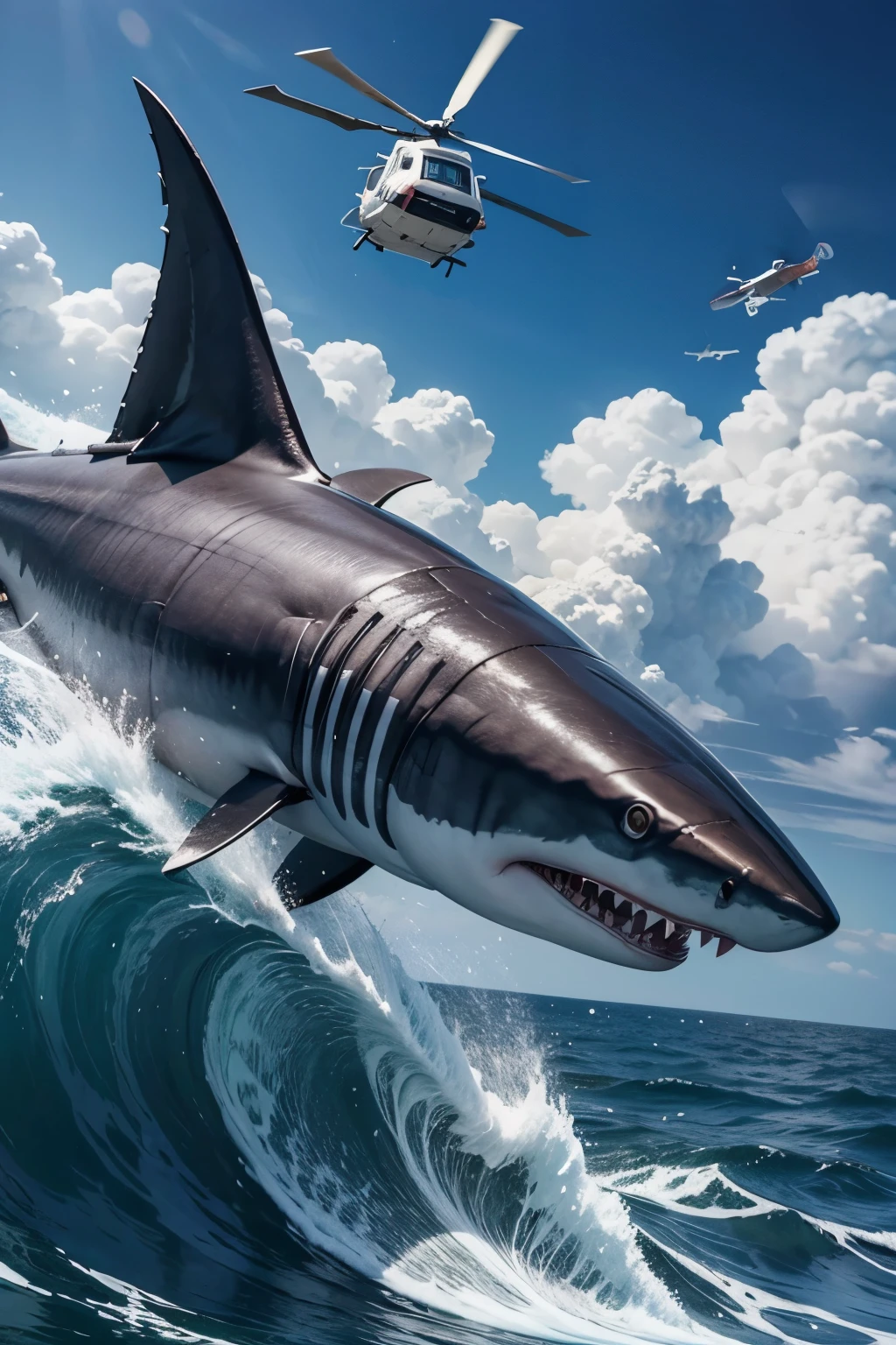 Megalodon shark emerging from the ocean and ferociously attacking a helicopter flying over the sea