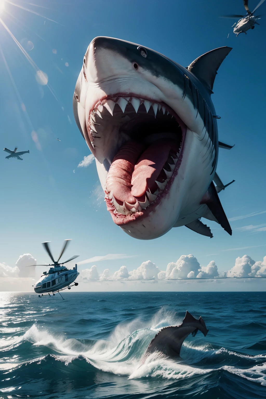 Megalodon shark emerging from the ocean and ferociously attacking a helicopter flying over the sea