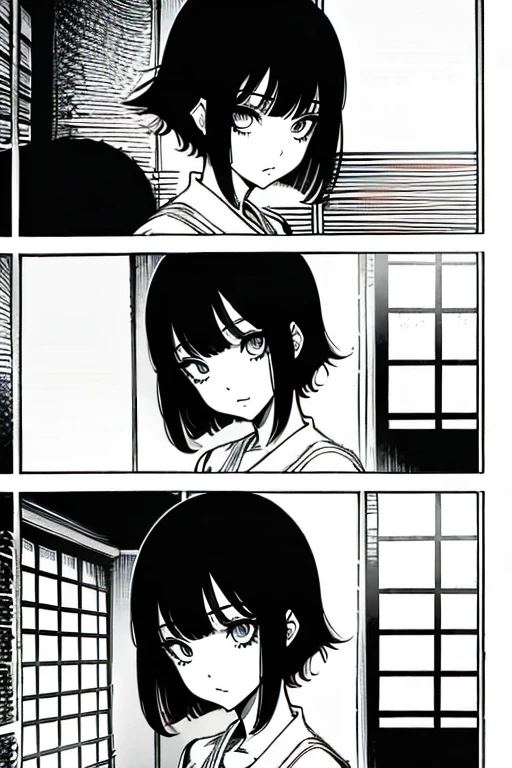 Girl with short black hair and bangs  , manga page with panels and dialogue 