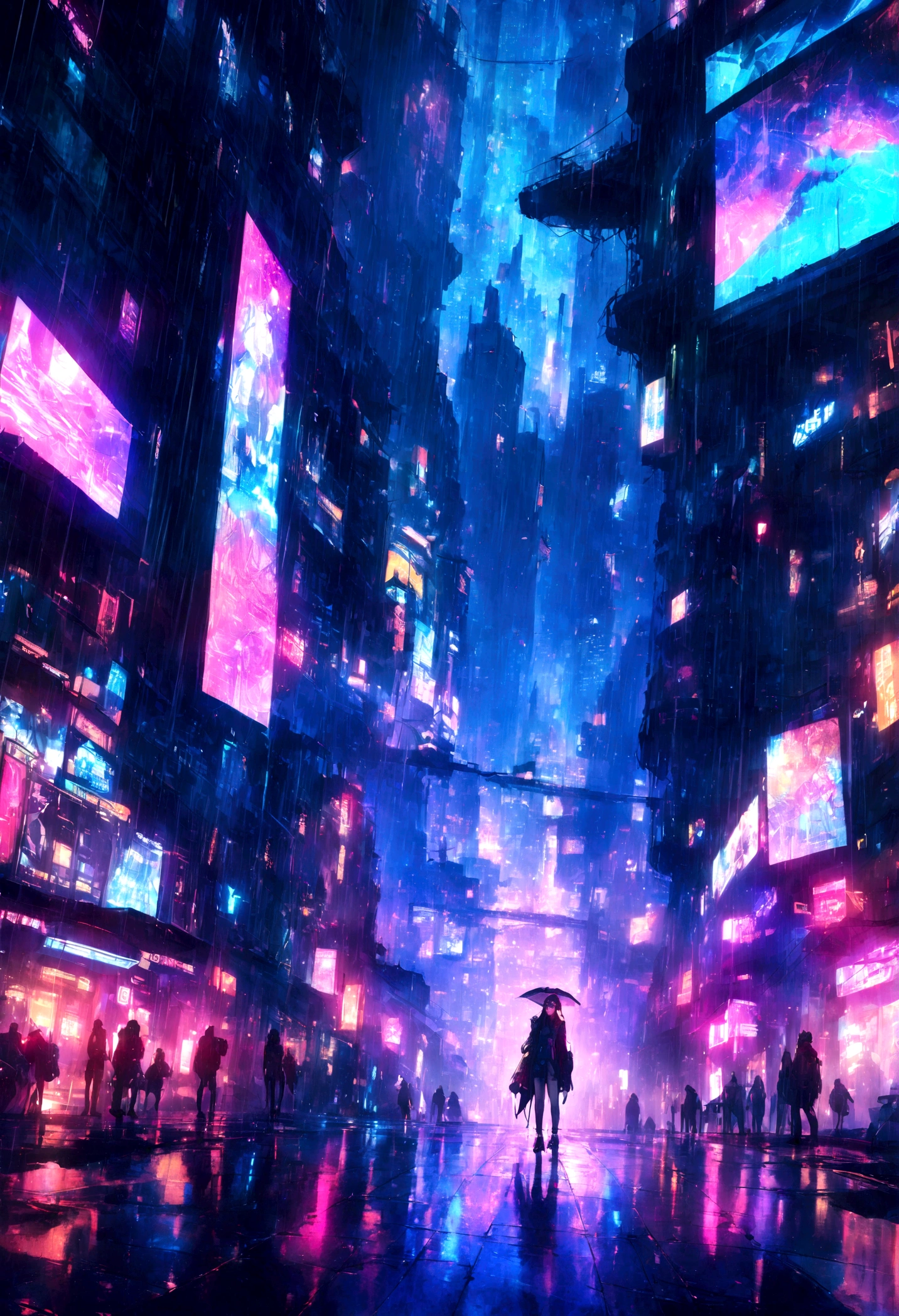 Futuristic cityscape, Cyberpunk aesthetic, Inspired by Blade Runner, high quality, Neon-lit skyscrapers in the night sky, Busy streets filled with holographic signs and futuristic rides, Rain-soaked pavement reflects the city's vibrant colors, Dynamic camera angles that highlight the verticality and scale of the metropolis
