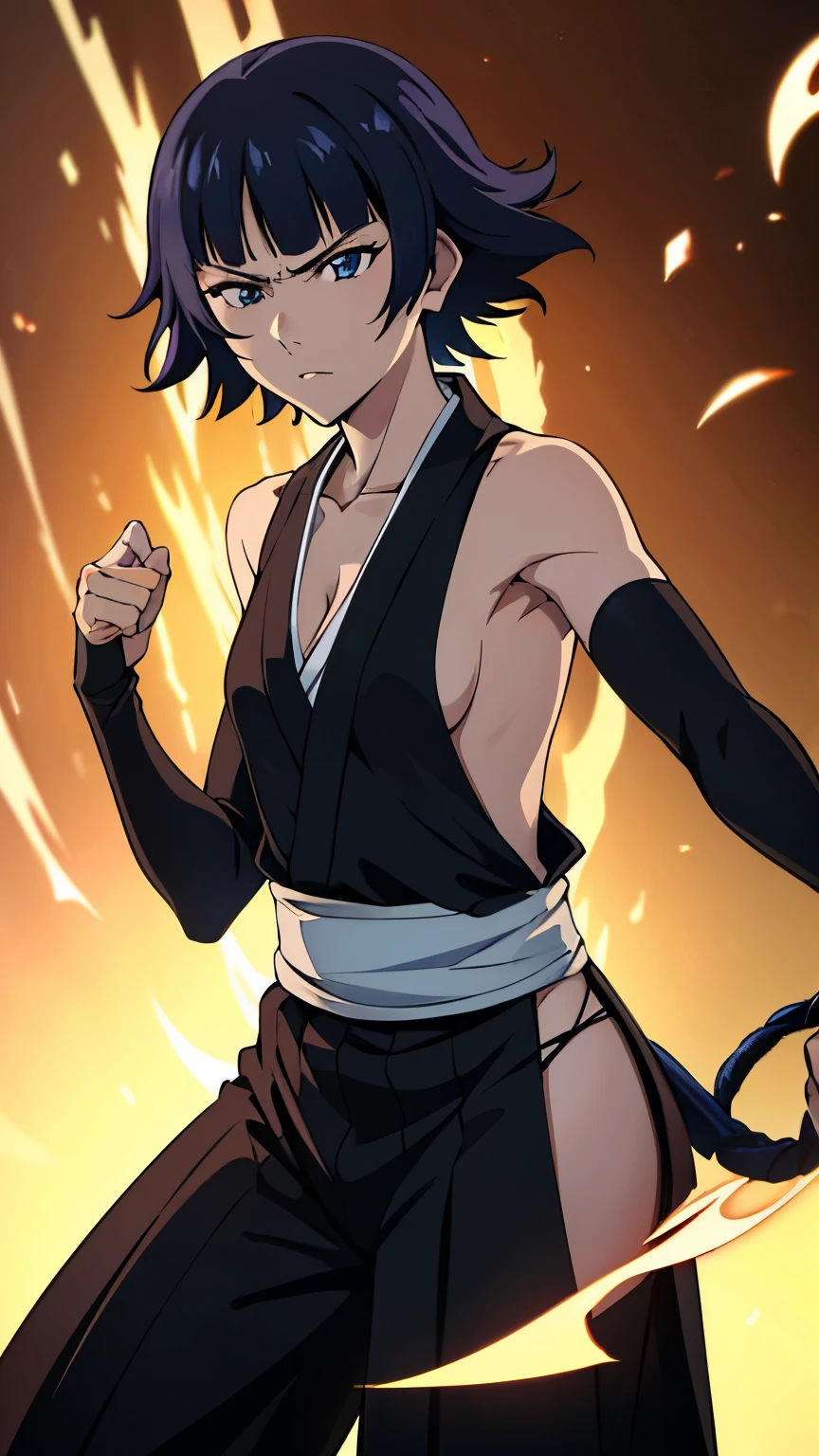 (masterpiece,super high quality,8k:1.2), High resolution, (anime), soifon,girl1people,black hair, short hair, slender body, small breasts,(Eye light: 1.2), glaring,black japanese clothes, nosleeve, elbow gloves, and fingerless gloves, black hakama, hakama, horizontal milk, backless robe, solo, perfect face,armpit, Horizontal milk, cleavage, perfect hands, perfect anatomy ,dynamic poses, dynamic angles,looking at the viewer,in the center of the image,