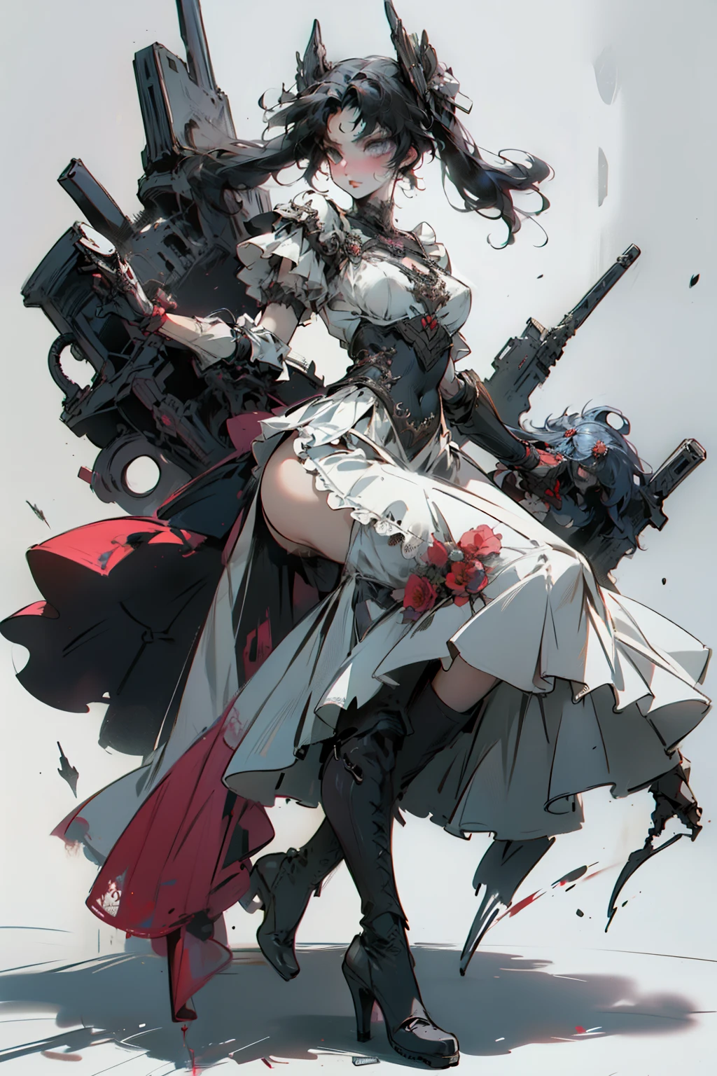 ((best quality)), ((masterpiece)), (detailed), blank white background, plain background, white background, red and white clothing, Bloodborne inspired, occult aesthetic, occult, occult paraphernalia, detailed and intricate steampunk and detailed gothic, NSFW, Very dramatic and cinematic lighting, cosmic horror, grim-dark, side-lighting, perfect face, NSFW, Fluttering lace flared long knee length dress with frilly petticoats, knee length dress, pleated petticoats, lolita dress, petticoats gothic lolita, complex lace boots, side-lighting, gothic lolita aesthetic, wielding mighty mechanical melee weapons, mechanical components, carbine, NSFW, beautiful small breasts, small breasts, full body, whole body, body, plain background, white background, blank background, no background, white background NSFW, full body, whole body, head-to-toe dynamic poses NSFW