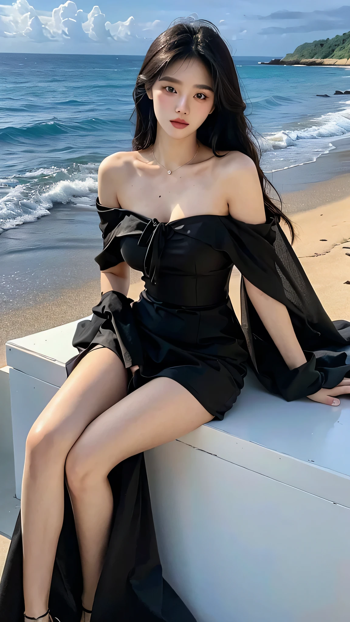A sweet girl by the beach,voluminous hair,Delicate face,Photorealsitic,of a real,largeaperture,wears a black dress,A cropped dress,Off-the-shoulder,A dress around the neck,Slim,sexy for,Ultra-high resolution