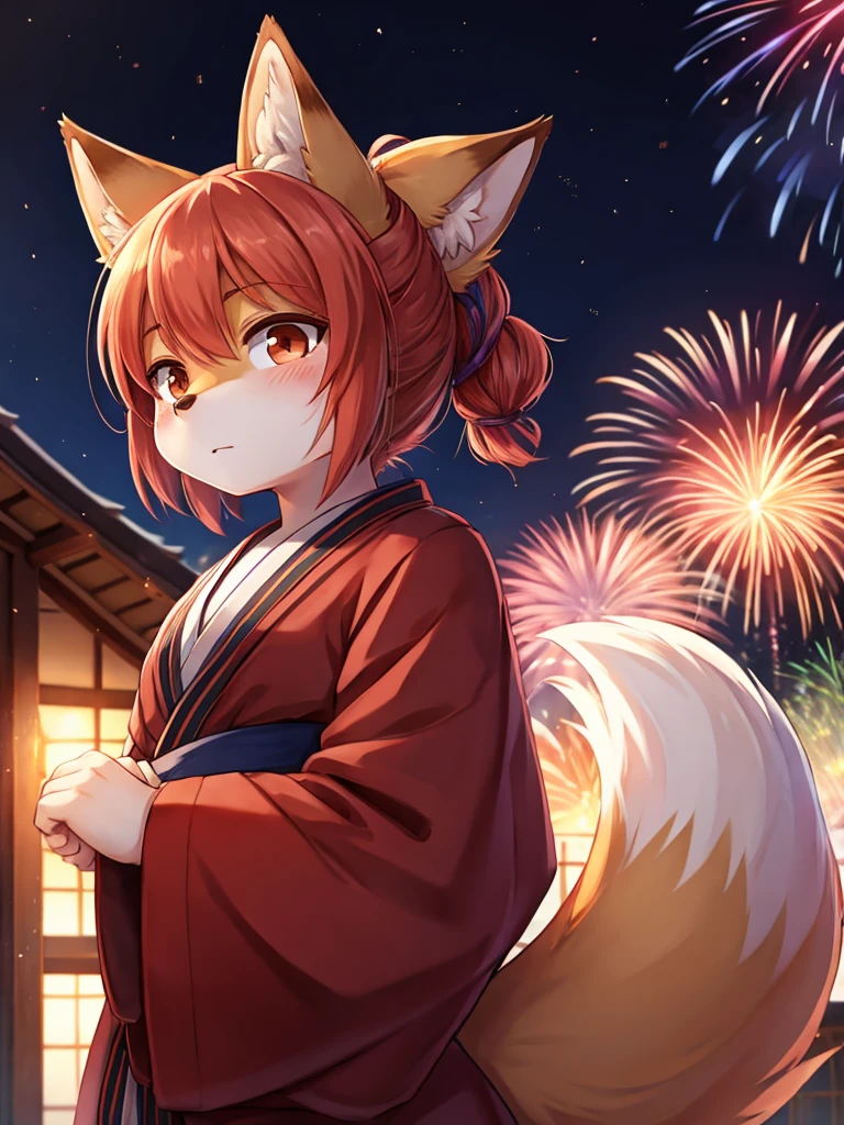 Hallucination, daydream , fantastic , Fear , bokeh , hairy fur , yukata , fox girl , hair tie , Medium hair , up hair , natsu matsuri , Japanese festival , nape , Fireworks display , look away