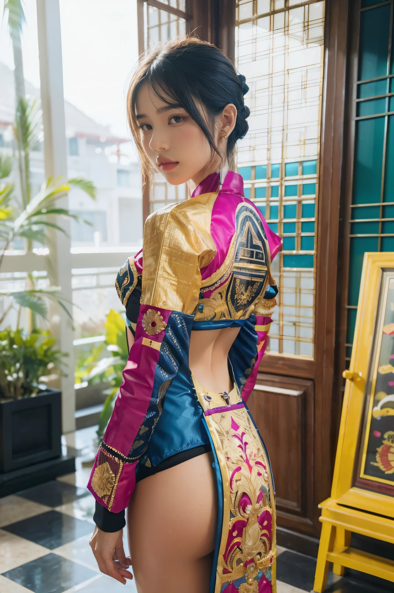 An Indonesian-styled futuristic suit worn by a girl depicting cultural fusion and modern fashion. The suit is adorned with intricate patterns and vibrant colors, showcasing the rich heritage of Indonesia. The girl stands confidently in a dynamic pose, with her detailed eyes reflecting determination and curiosity. The suit's material is a combination of traditional textiles and futuristic synthetic fabrics, giving it a unique and avant-garde appearance. The overall image quality is of the highest standard, with sharp focus and ultra-detailed rendering. The artwork employs physically-based rendering techniques, resulting in realistic lighting and shadows. The colors are vivid and vibrant, capturing the essence of Indonesian cultural aesthetics. The background features a fusion of modern architecture and traditional elements, creating a harmonious blend of the past and the future. The prompt explores the intersection of Indonesian culture, futuristic design, and the artistic representation of a confident girl.
