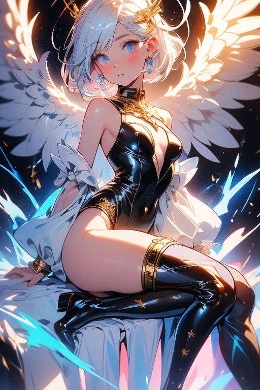 (Top quality), (Super detail), (Hi-res) cute angel girl, Archangel Gabriel's Blessing, 6 angel wings, white multicolored short bob hair, emit light blue eyes, beautiful detailed eyes, light white skin, red lipstick and cheek, full body Tantra tatto, black and gold metallic sexy Goddess leotard costume, black metallic knee socks, metallic gloves, psychedelic healing meditation, Fantasy, beautiful concept art, Swirling Elemental, 