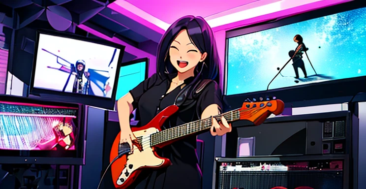 Movie scene, Amy Wong playing Electric Guitar on music Video Room 