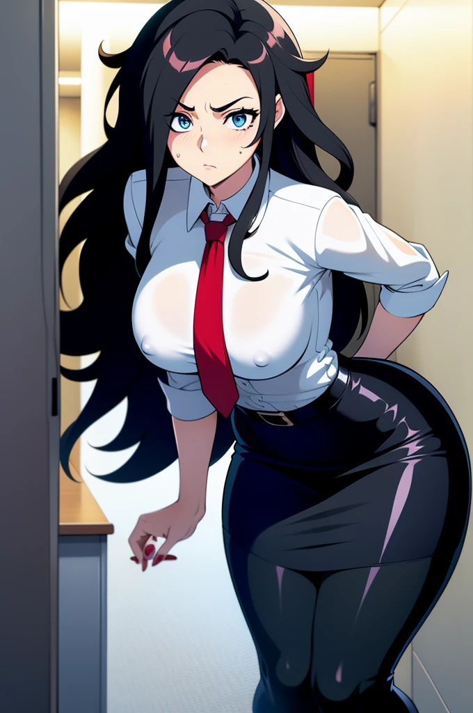 20 year old woman, busty, bubble butt, hourglass figure, skinny, blushing, frustrated expression, horny, confused, long hair, black hair, wavy hair, wearing white shirt, black pencil skirt, short skirt, red tie, loose tie, tight fitting clothing, anime, flat colors, in an office, office attire, disheveled, messy, disheveled clothing, messy clothes, bending over