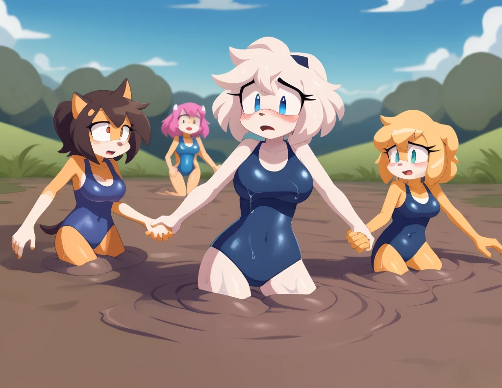 Mobian girls, best quality, HD, full body, sexy breasts, borzoi girl, old school swimsuit, swimsuit, wet, blush, 9girls, 9girls in quicksand, group peril, multiple girls, tentacles, 9girls together, hair, 9girls upper body, hair, tentacles pit, dripping, hair, tightspace, group, multiple girls, open mouth, masterpiece, wamudraws, sad, one-piece swimsuit, quicksand, sinking, 5 girls in quicksand, scream, holding hands, hugged