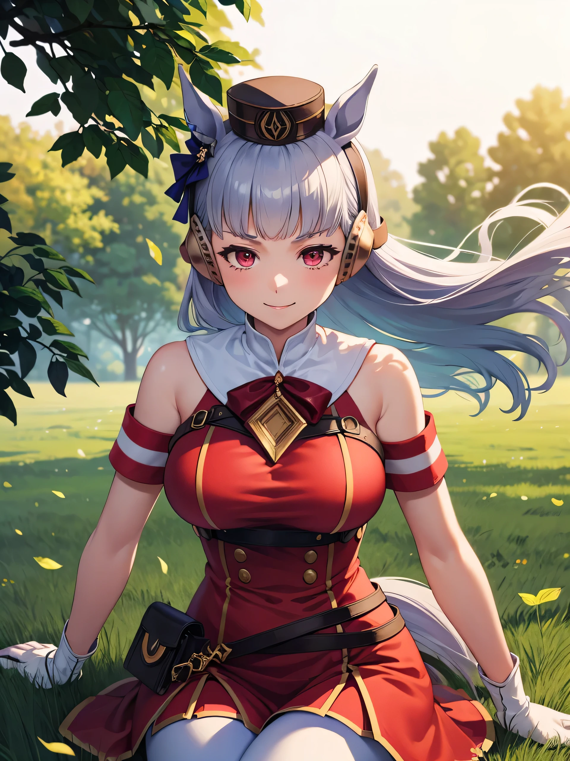 Dark color depiction、(masterpiece, highest quality:1.2), alone, One girl, umpd gold ship, pillbox hat, Red dress,No sleeve, White Pantyhose, boots, Horse tail,、grassland、Nature、Big Breasts、smile、running、Feel the wind、summer、Cowboy Shot、sit、Upper body close-up