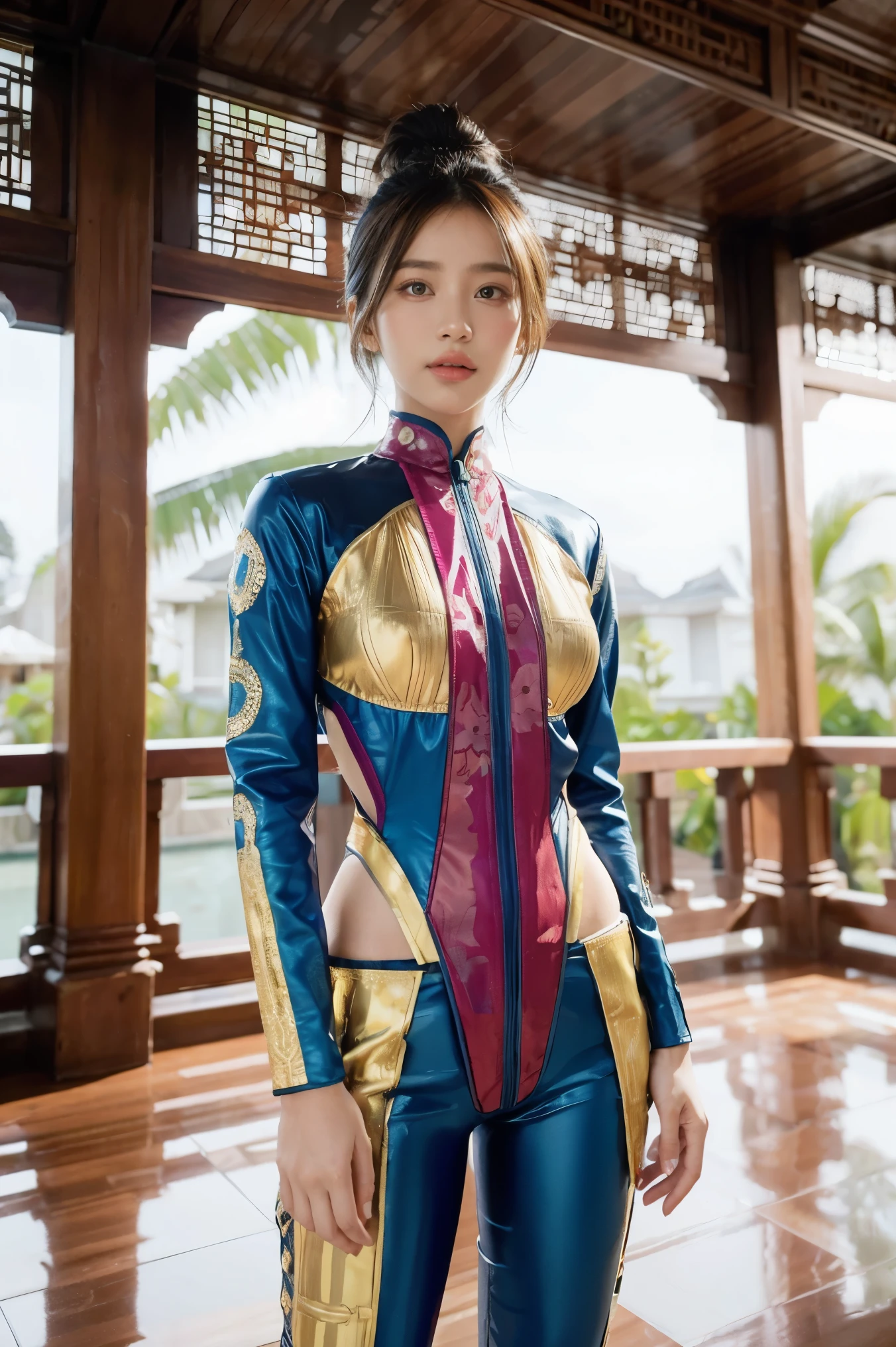 An Indonesian-styled futuristic suit worn by a girl depicting cultural fusion and modern fashion. The suit is adorned with intricate patterns and vibrant colors, showcasing the rich heritage of Indonesia. The girl stands confidently in a dynamic pose, with her detailed eyes reflecting determination and curiosity. The suit's material is a combination of traditional textiles and futuristic synthetic fabrics, giving it a unique and avant-garde appearance. The overall image quality is of the highest standard, with sharp focus and ultra-detailed rendering. The artwork employs physically-based rendering techniques, resulting in realistic lighting and shadows. The colors are vivid and vibrant, capturing the essence of Indonesian cultural aesthetics. The background features a fusion of modern architecture and traditional elements, creating a harmonious blend of the past and the future. The prompt explores the intersection of Indonesian culture, futuristic design, and the artistic representation of a confident girl.