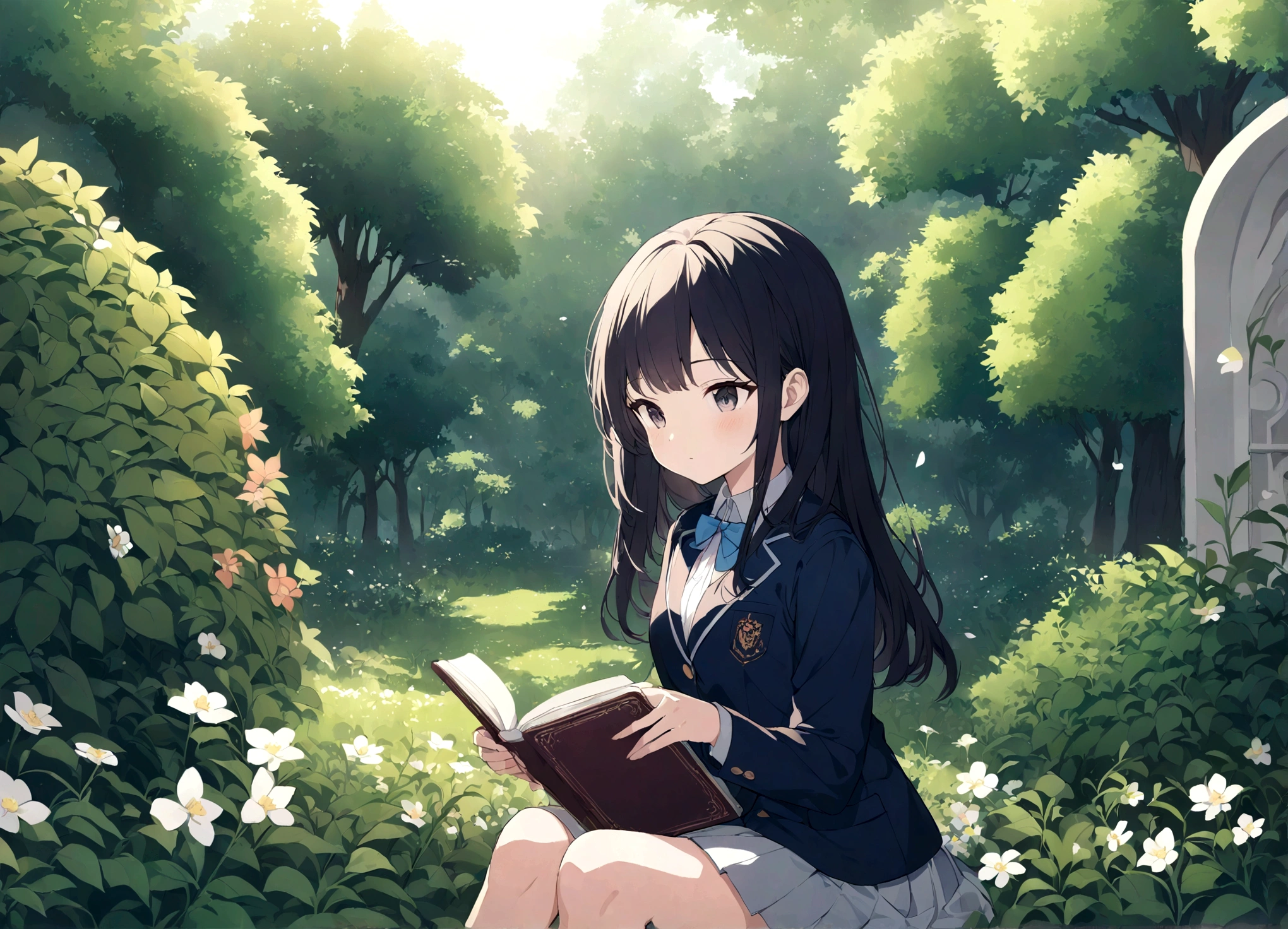 "anime girl" "JK " "black long hair" "pleated skirt" "sitting on flower bed" "reading book" "calm expression" "serene atmosphere" "detailed background" "flowers and greenery" "soft lighting" "school blazer" "high resolution" "detailed shading" "illustration" "digital art"