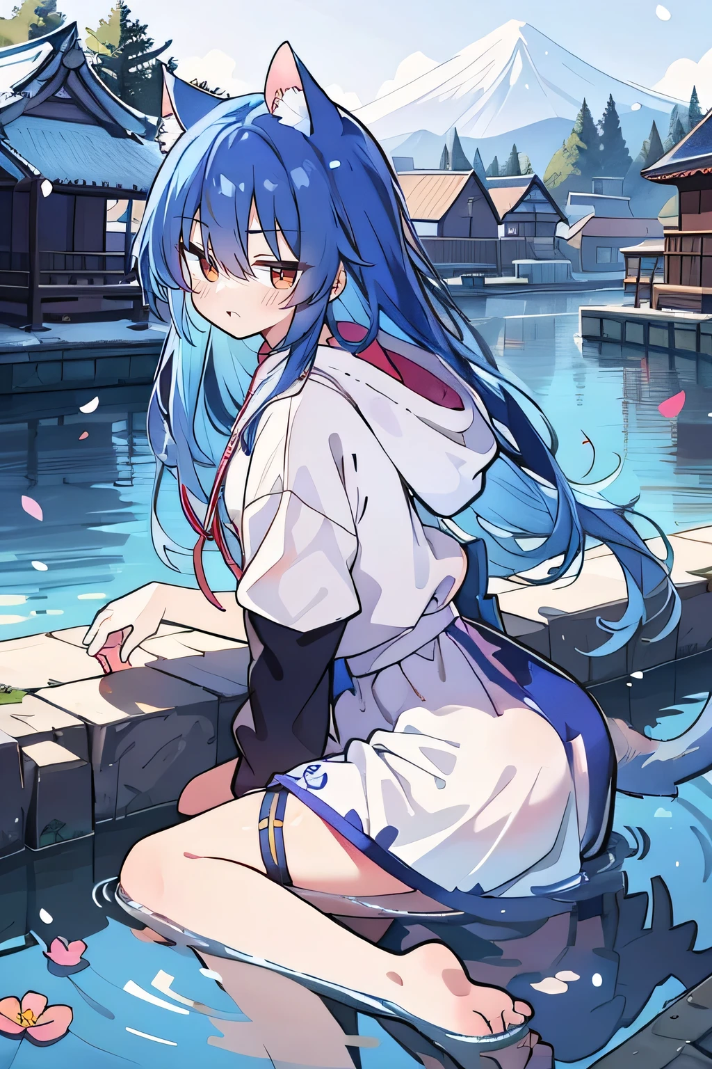 （masterpiece：1.2），Super detailed，lifelike，Expressive eyes，fair skin，perfect face shape，1 girl，
Japanese comics,Gorgeous blue hair,flowing blue hair,flowing clothes,Cat ears,Petals fall,beautiful lola,Baby Angel,
Shaking head with one hand，Cross your legs，Gentle and peaceful background，The pavilion is cool and comfortable,smile, wearing hoodie, background of tokyo,back views,snowing, winter,lie on the water.