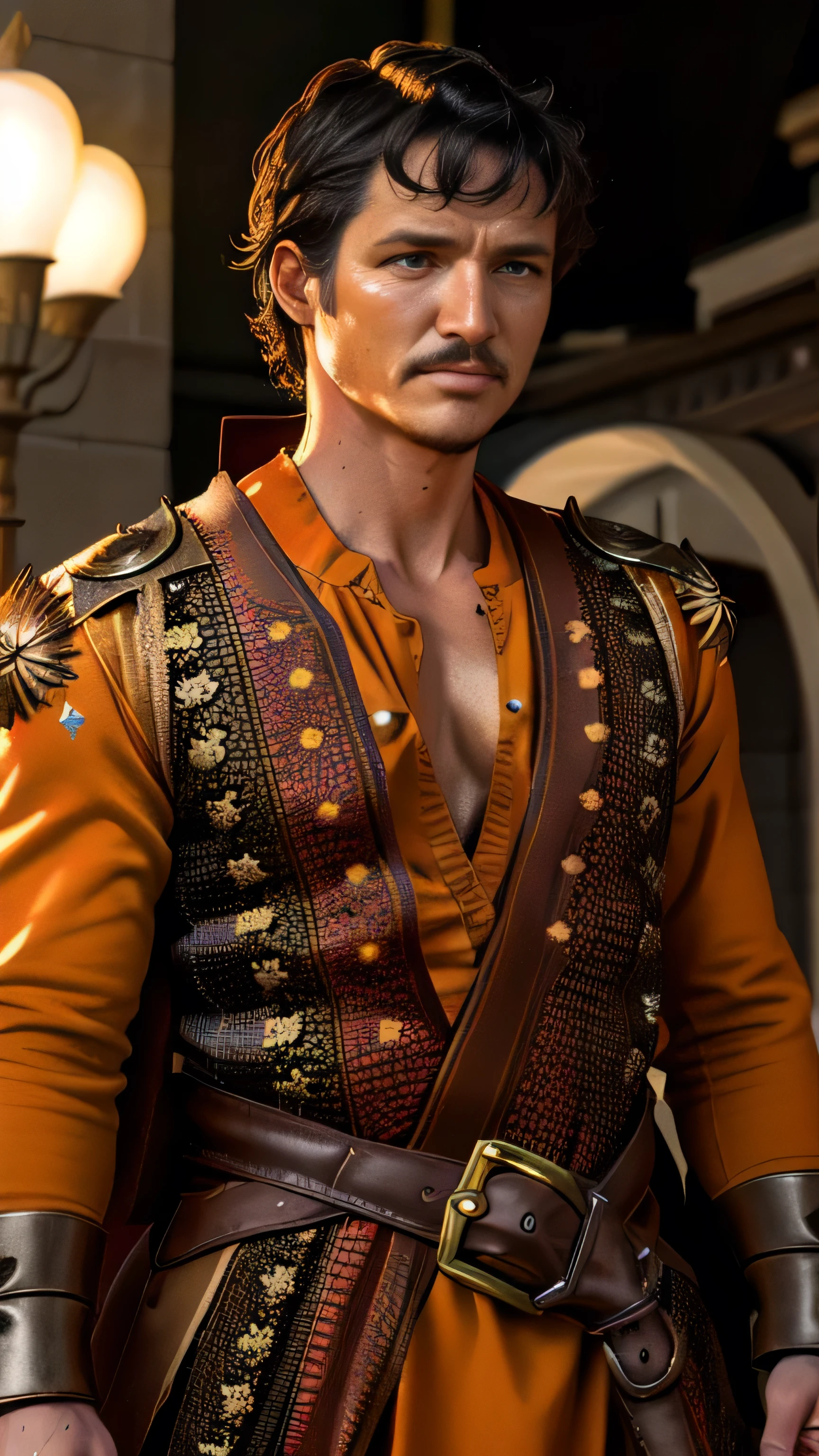 (Pedro Pascal) as Oberyn Martell, an east skilled warrior, orange east armor, spear, standing, on the battle arena, Game of Thgrones, (1man), (solo), (full body view), beautiful detailed glow, detailed, cinematic light, intricate detail, realistic, highres, detailed facial features, high detail, sharp focus, smooth, aesthetic, extremely detailed, stamp, octane render