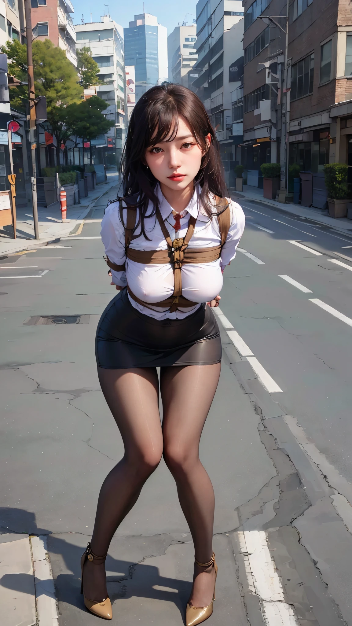 ulzzang-6500-v1.1, (RAW Photos:1.2), (Realistic), (Genuine:1.4), １girl、Perfect Anatomy、48 years old、Incredible beauty、Voluptuous mature woman、 Perfect look，double eyelidの目，Delicate makeup，Cool Beauty,　Accurately expresses details such as face and skin texture,(The most beautiful face and eyes), double eyelid,Delicate skin,Looking into the camera、Medium Long Hair、Plaid vest、((Are standing:1.3))、(Ultra-realistic pantyhose:1.2), (High heels)、(Business services)、Victim actress, shame、Shyness、evidence、Seized items、Red lips, blush,Edo Conquest Strategy、 BDSM, Inside an abandoned factory, shibari, handcuffs, collar, (suspension:1.6), Arms tied, Place your arms behind your back, Inhibition, Leaning forward,