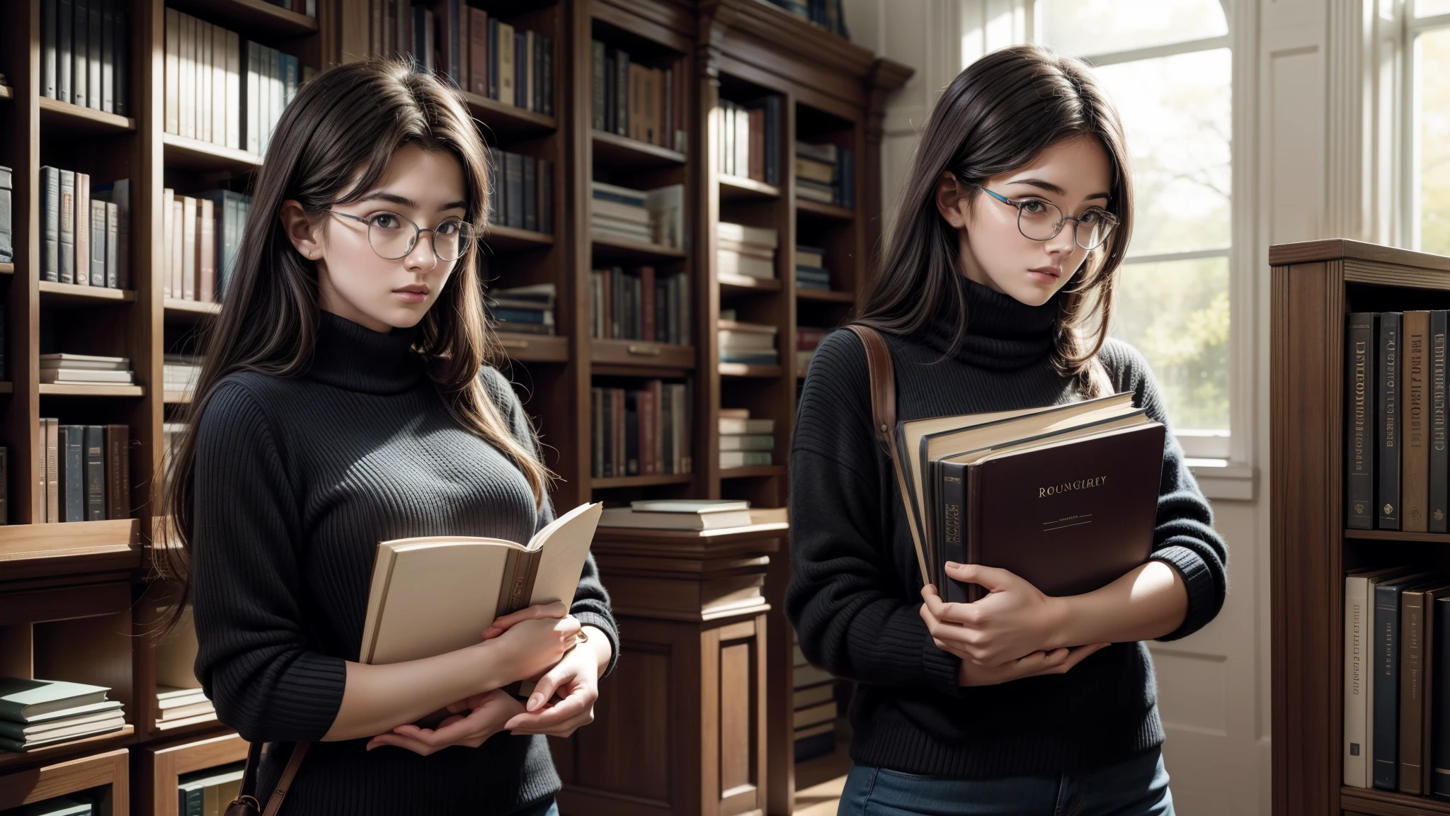 A reaslistic illustration concept art of a standing european college girl student of around 25 year, wearing big glasses, beautiful face, detailed eyes, holding a lot of books in her hands, she holds a lot of books in her hands, she carries a big pile of books, warm background in a library, with large windows, realistic illustration, concept art, masterpiece.