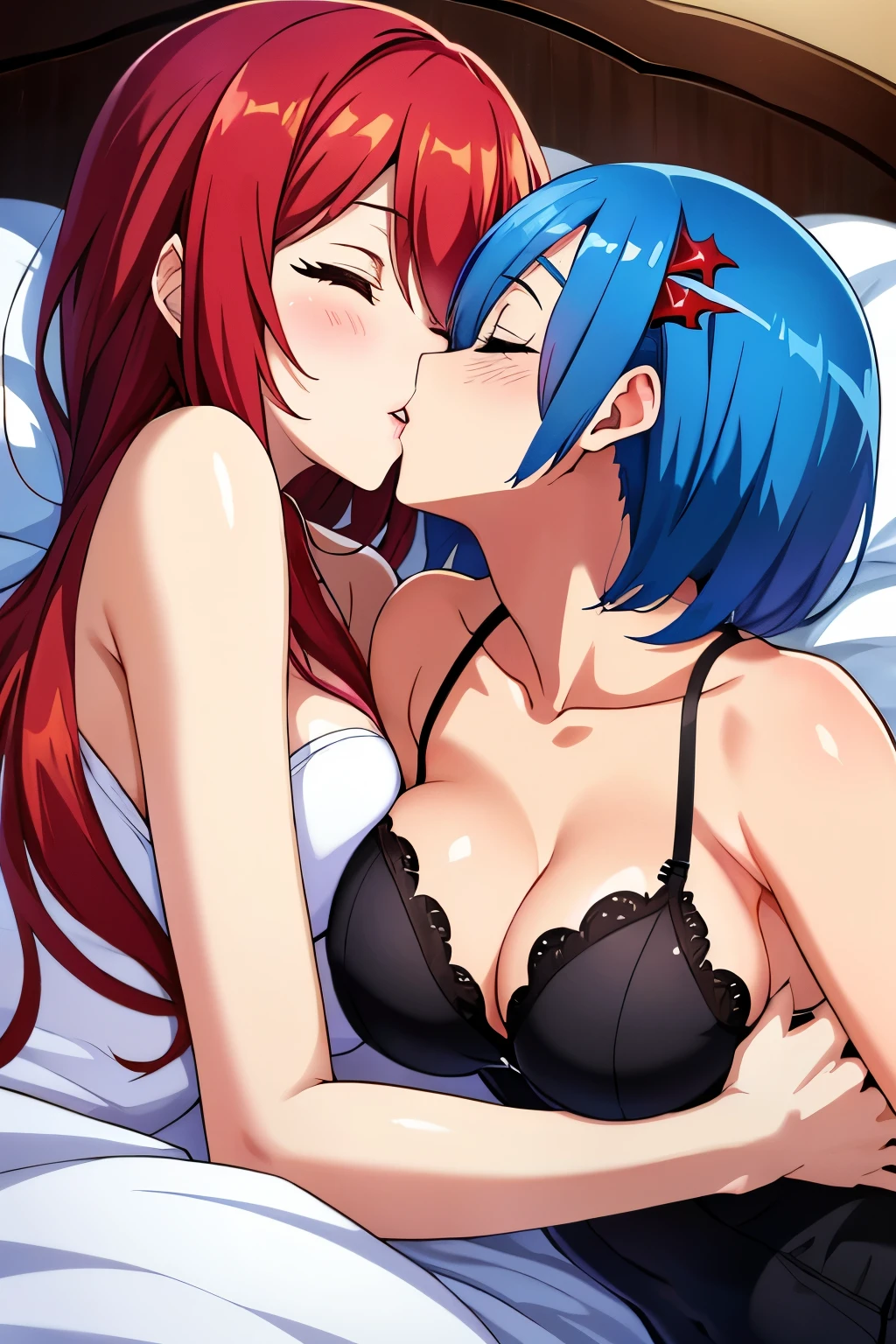 Rias Gremory kissing Rem from re-zero, black underwear, bare shoulders, eyes closed, glossy pink lips parted in a kiss, flawless glowing skin, long beautiful neck, lustful, lying on bed 