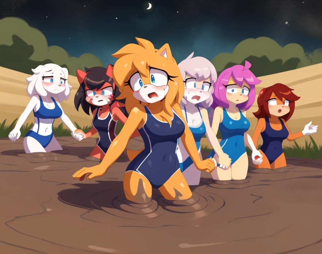 Mobian girls, best quality, HD, full body, sexy breasts, cat girl, old school swimsuit, swimsuit, wet, blush, 9girls, 5girl, group peril, multiple girls, 5girls together, hair, 5girls upper body, 5girls in quicksand, hair, dripping, twintails, curly hair, hair, tightspace, group, multiple girls, open mouth, masterpiece, wamudraws, sad, one-piece swimsuit, quicksand, sinking, 5girls in quicksand, scream, hands up, gurgling, drowning, orgasm, challenge, 12girls, cleavage, 20girls in quicksand, squirrel girl, fox girl, wildcat girl, mink girl, wolf girl, dog girl