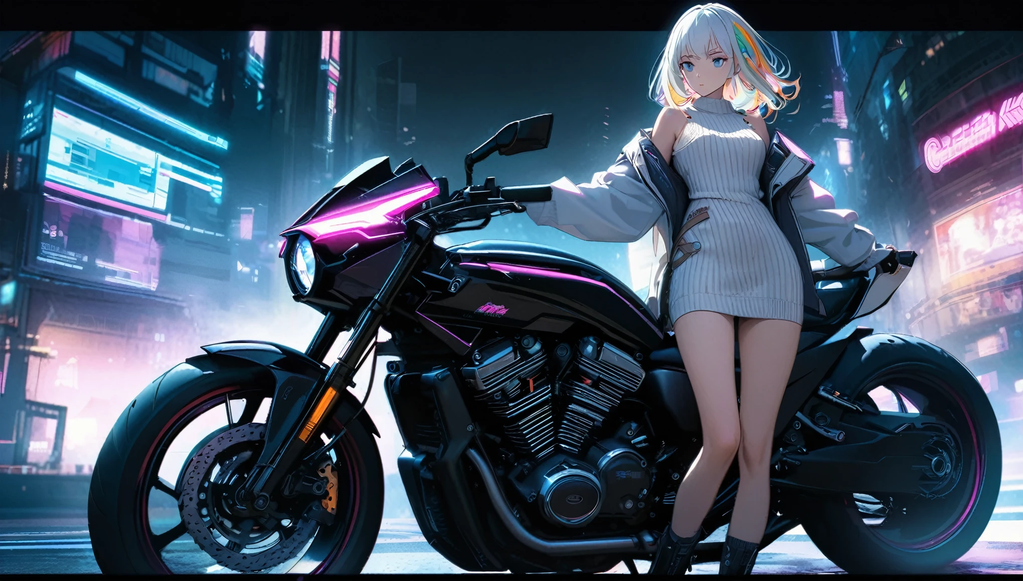 Handsome cute, Solitary, 1 female, Medium Length Hair, white hair, Rainbow hair, blue Eyes, Rainbow headphone, knit dress, Futuristic, Cyberpunk, Cybernetics panoramic, in the night, looking away, (8k real motorcycle on female background illuminated by headlights:1.2)