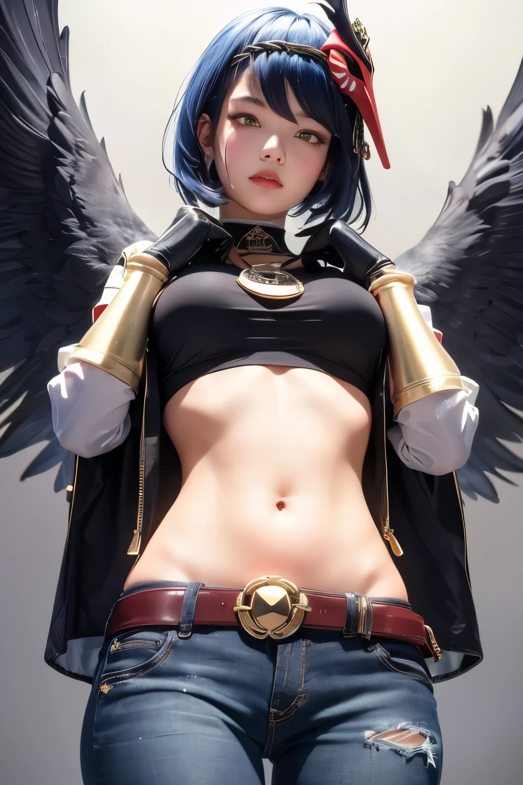 1girl, (latex top, shorts, pantyhose, iron belt, boots, jewelry), ((midriff, navel)), looking at viewer, fashion pose, (cinematic lighting, best quality, masterpiece, high details, best quality, highres, HD, 4K, 8k, super detail), (kujou sara:1.3), mask on head, blue hair, short hair, yellow eyes,