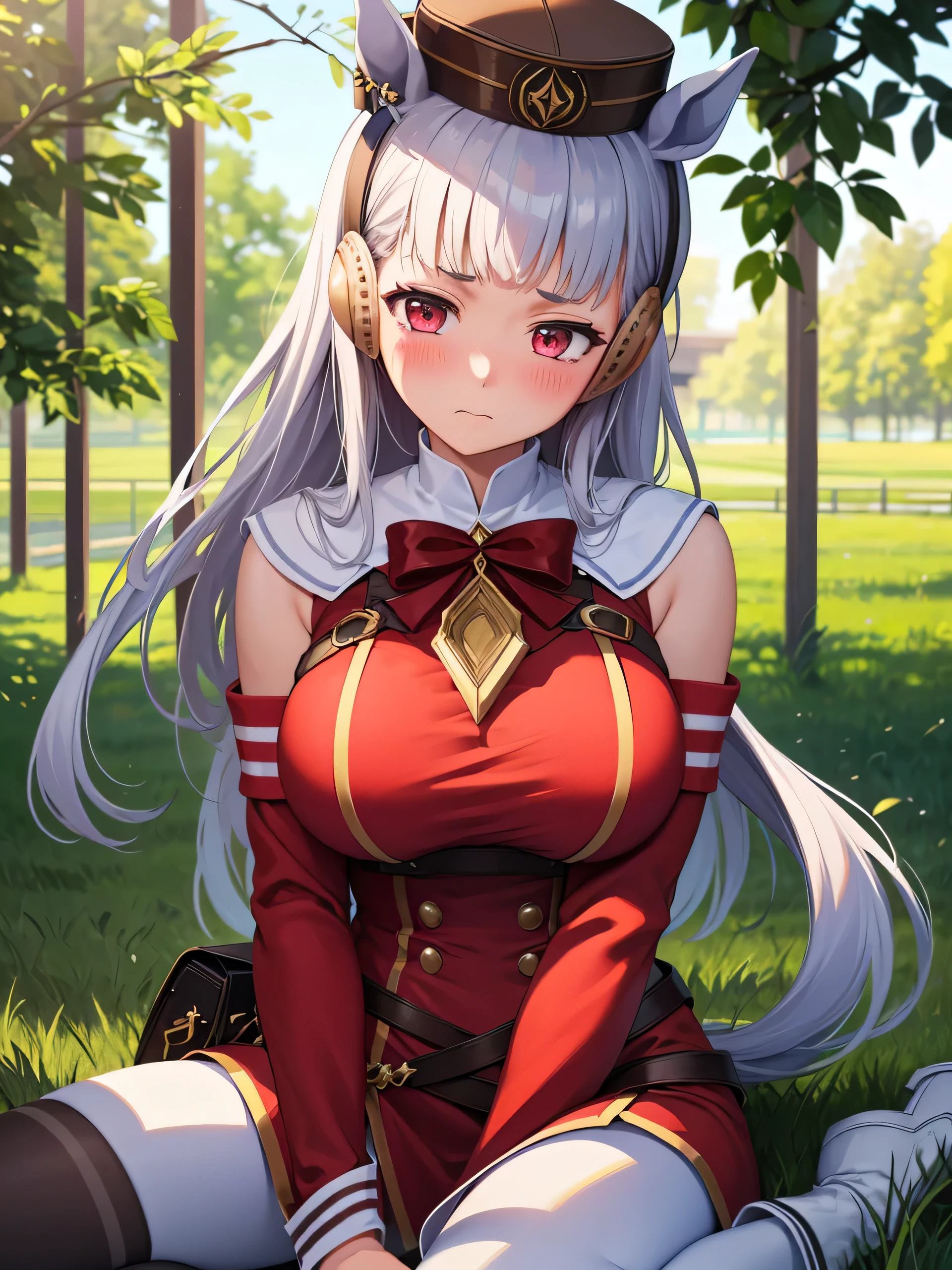 Dark color depiction、(masterpiece, highest quality:1.2), alone, One girl, umpd gold ship, pillbox hat, Red dress,No sleeve, White Pantyhose, boots, Horse tail,、grassland、Nature、Big Breasts、blush、Embarrassed、running、Feel the wind、summer、Cowboy Shot、sit、Upper body close-up