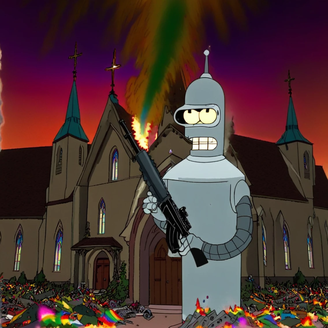 Bender holding Machinegun outside Church at Rainbow Explosion, 