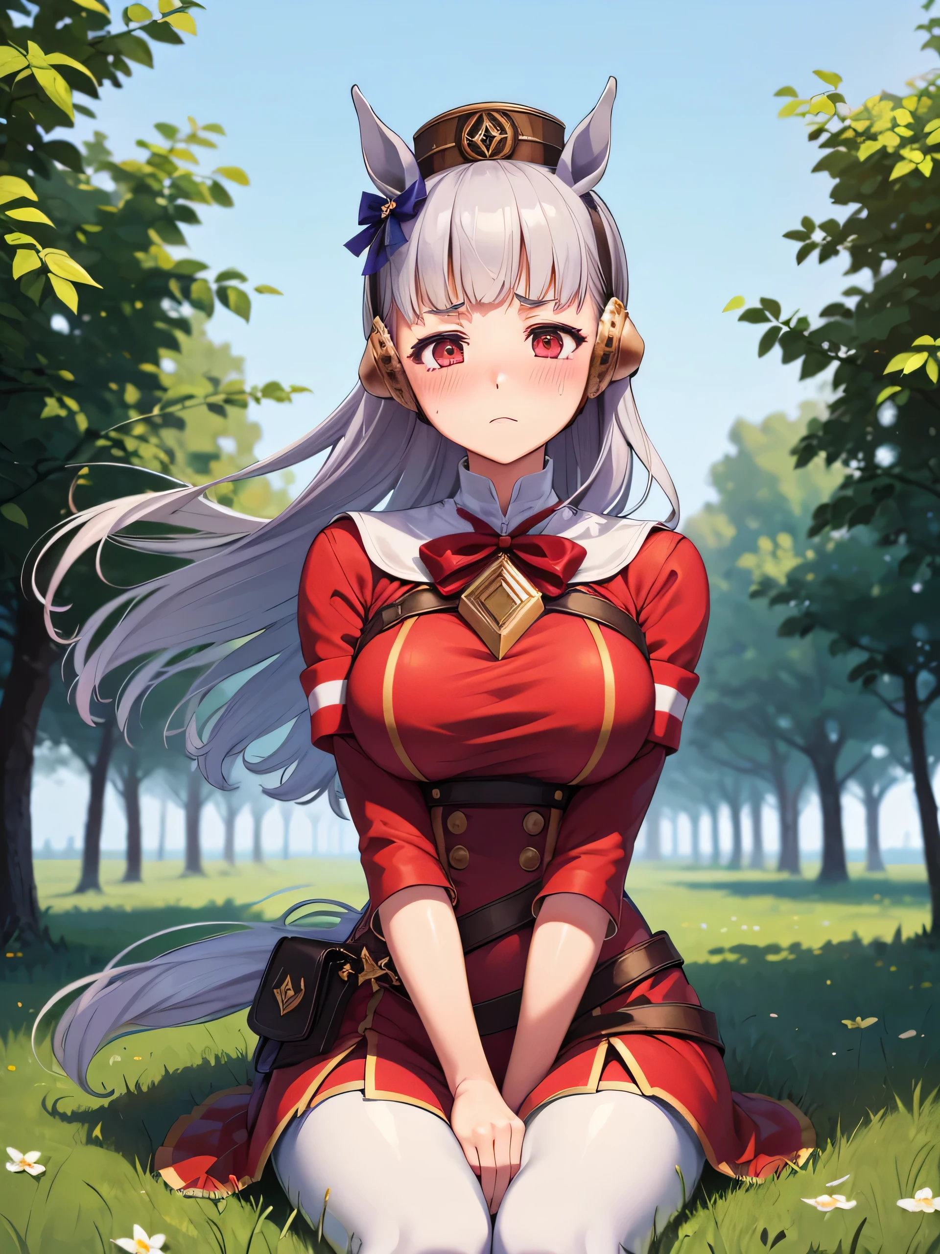 Dark color depiction、(masterpiece, highest quality:1.2), alone, One girl, umpd gold ship, pillbox hat, Red dress,No sleeve, White Pantyhose, boots, Horse tail,、grassland、Nature、Big Breasts、blush、Embarrassed、running、Feel the wind、summer、Cowboy Shot、sit、Upper body close-up