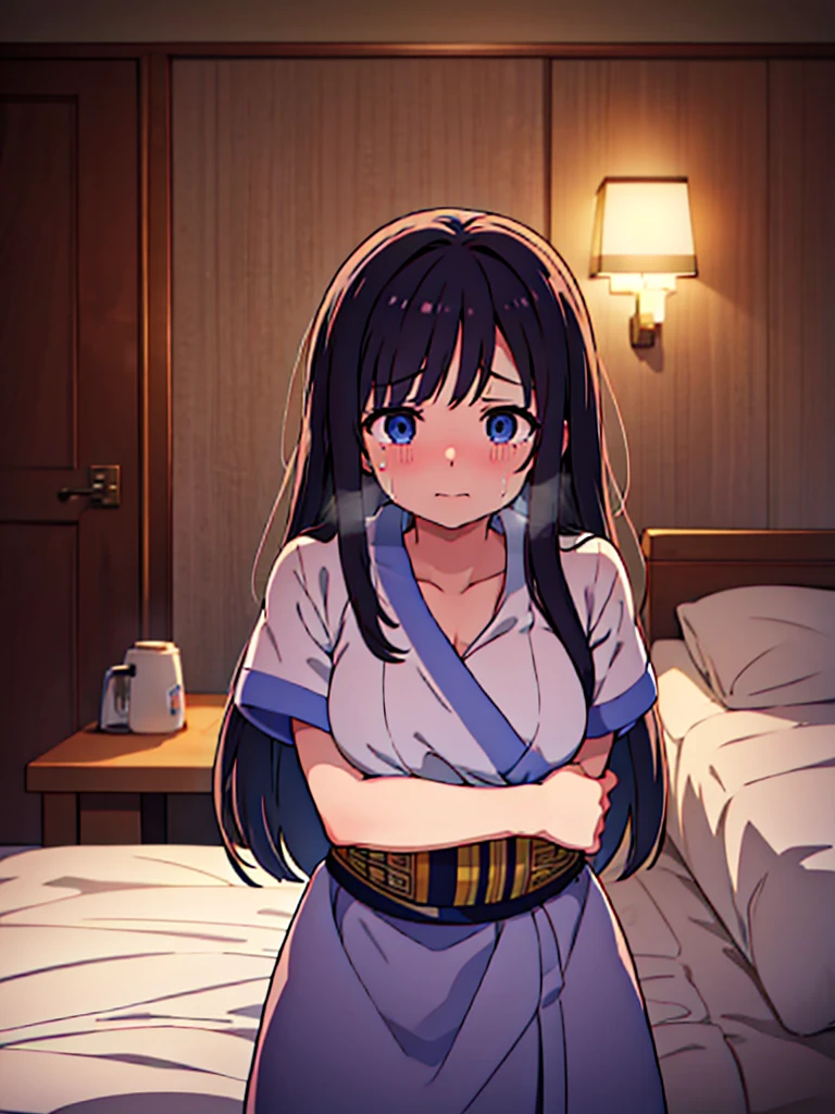 (masterpiece、top-quality、hight resolution),In a dimly lit private room, a heartbroken woman who has just been rejected by a man confronts her male friend. She has tearful, pleading eyes and her voice trembles as she says, "Comfort me...!" She clutches his arm tightly, leaning in close, her expression a mix of desperation and vulnerability. Her downcast gaze and soft, innocent smile reveal her emotional turmoil as she seeks solace and protection from her friend. nsfw