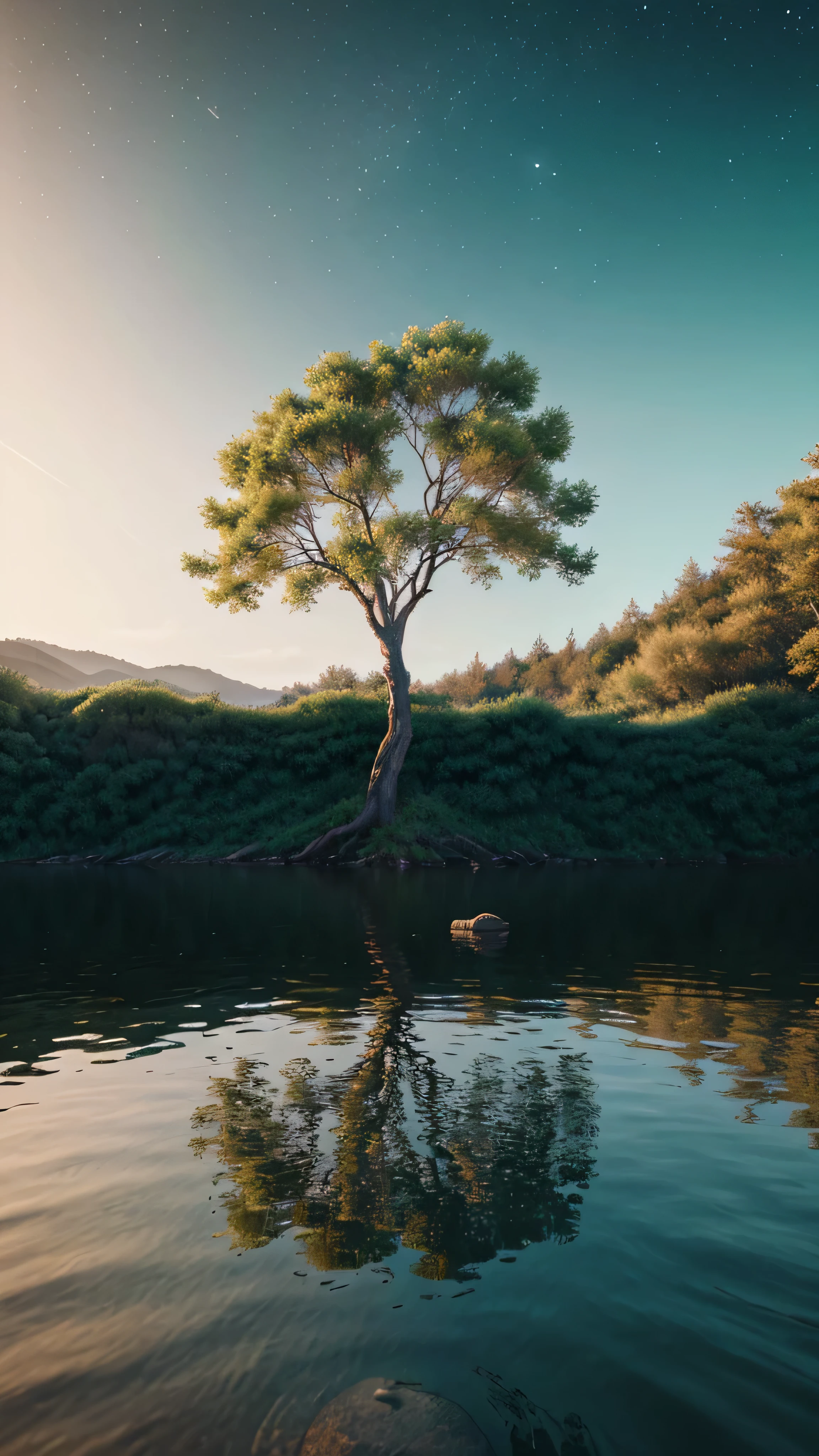 There is a tree standing in the water，A planet in the background, 4k highly detailed digital art, 4k hd wallpapers very detailed, Beautiful art UHD 4K, By Mike "Bipple" Winkelmann, avoid buzzer, 8k stunning artwork, 4K Fine Digital Art, Beeple Art, Fantasy Planet