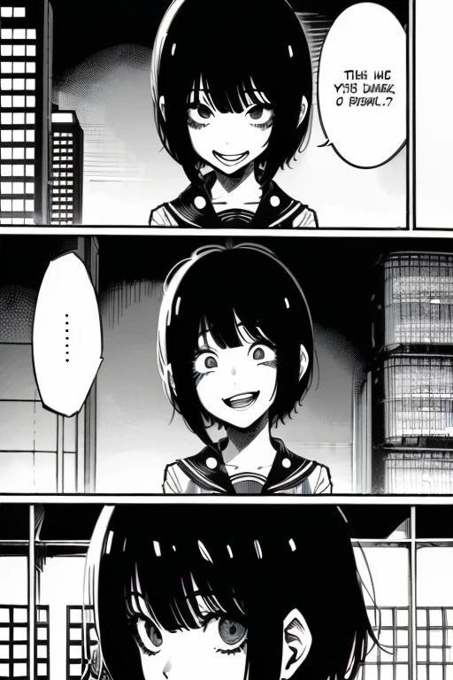Girl with short black hair and bangs smiling, manga page with panels and dialogue
