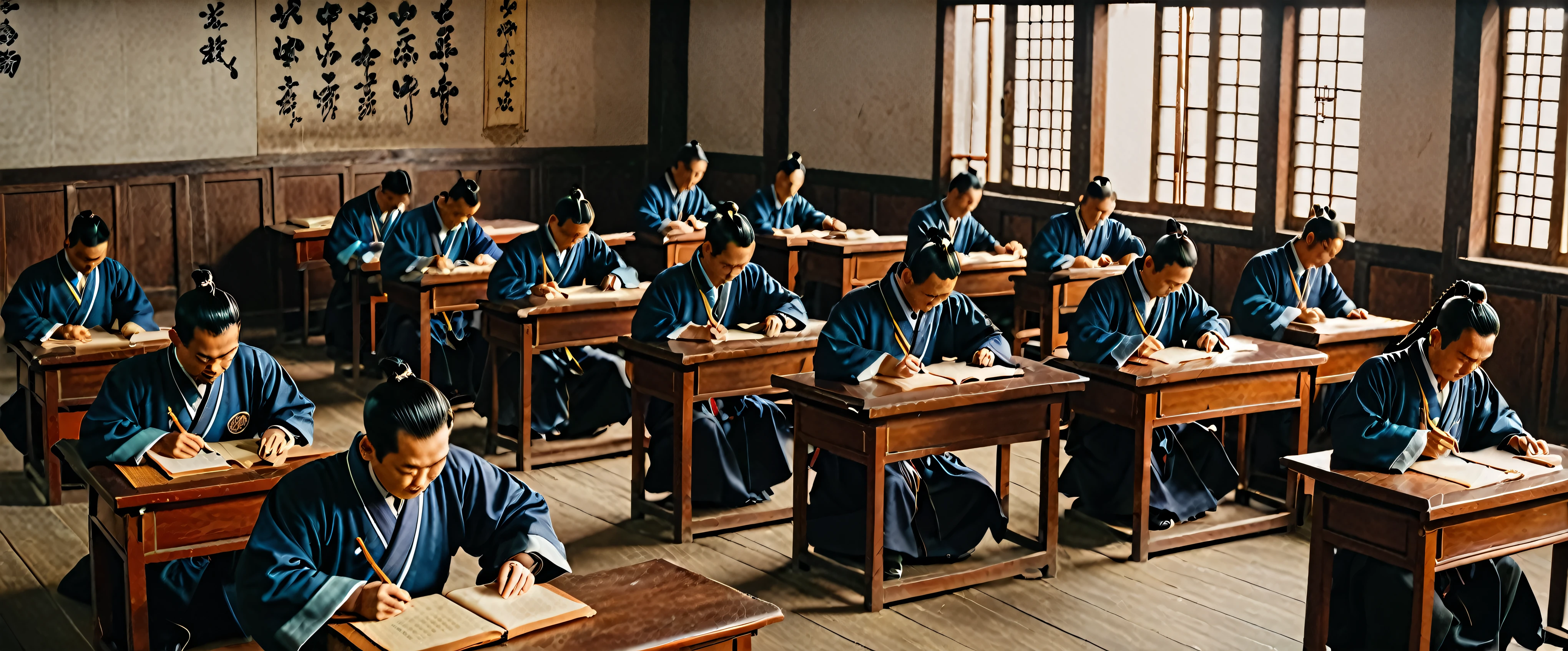 A lot of good-looking men with (long pigtail hair) are in a very small room\(Jiangnan Examination Hall\) with only desks and taking very hard exam, in ancient China, watched over by a test tube, chinese higher civil service examinations,(monotone vintage photo:1.5), BREAK ,quality\(8k,wallpaper of extremely detailed CG unit, ​masterpiece,hight resolution,top-quality,top-quality real texture skin,hyper realisitic,increase the resolution,RAW photos,best qualtiy,highly detailed,the wallpaper,cinematic lighting,ray trace,golden ratio\),(long shot:1.2),dynamic angle