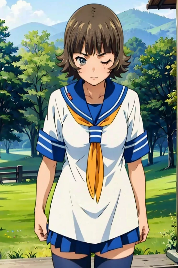 (masterpiece:1.3),(highest quality:1.4),(Super detailed:1.5),8K,High resolution,an extremely delicate and beautiful,Official Art,Perfect Anatomy,(anime_screencap:1.11),(90s Anime,90s Anime style,Cel-shaded anime:1.17),
anime coloring,detailed face and eyes, (solo:1.5),(anmnr:1.1),((ekitokuwz:1.52)),(school uniform:1.3),serafuku,short brown hair,  pleated skirt, blue skirt, brown eyes, yellow neckerchief, short sleeves, japanese architecture, 
From above,Sleep,close your eyes, Outdoor,Pasture,