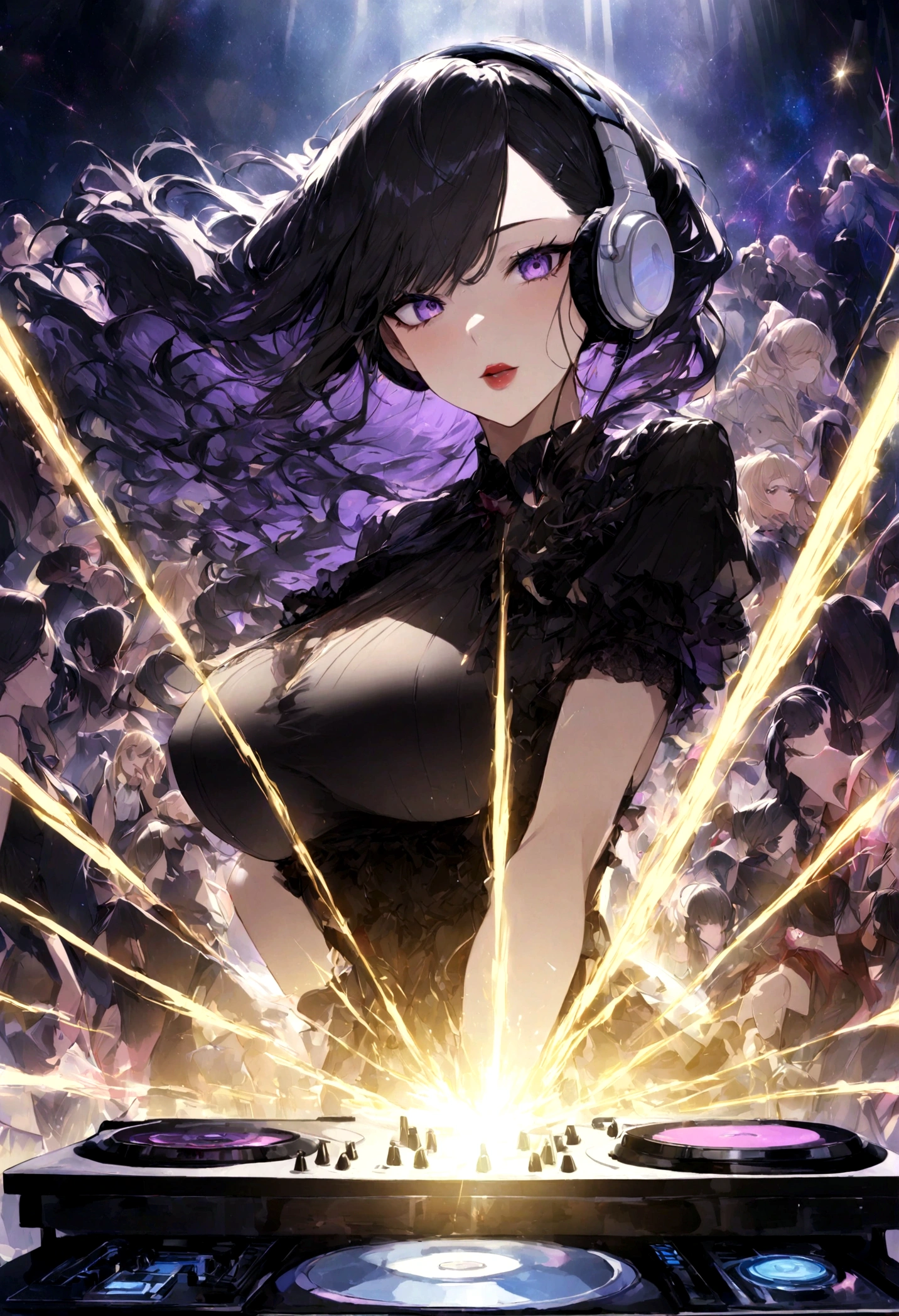 ,Put on your headphones,(Black Hair Girl),,Big Breasts,DJ,DJ Booth、Riding the music、club、((Night Live House、Red laser light、Blue laser light、random laser point、Virtual space、Golden laser beam、Purple laser light、DJ、Live Stage))
