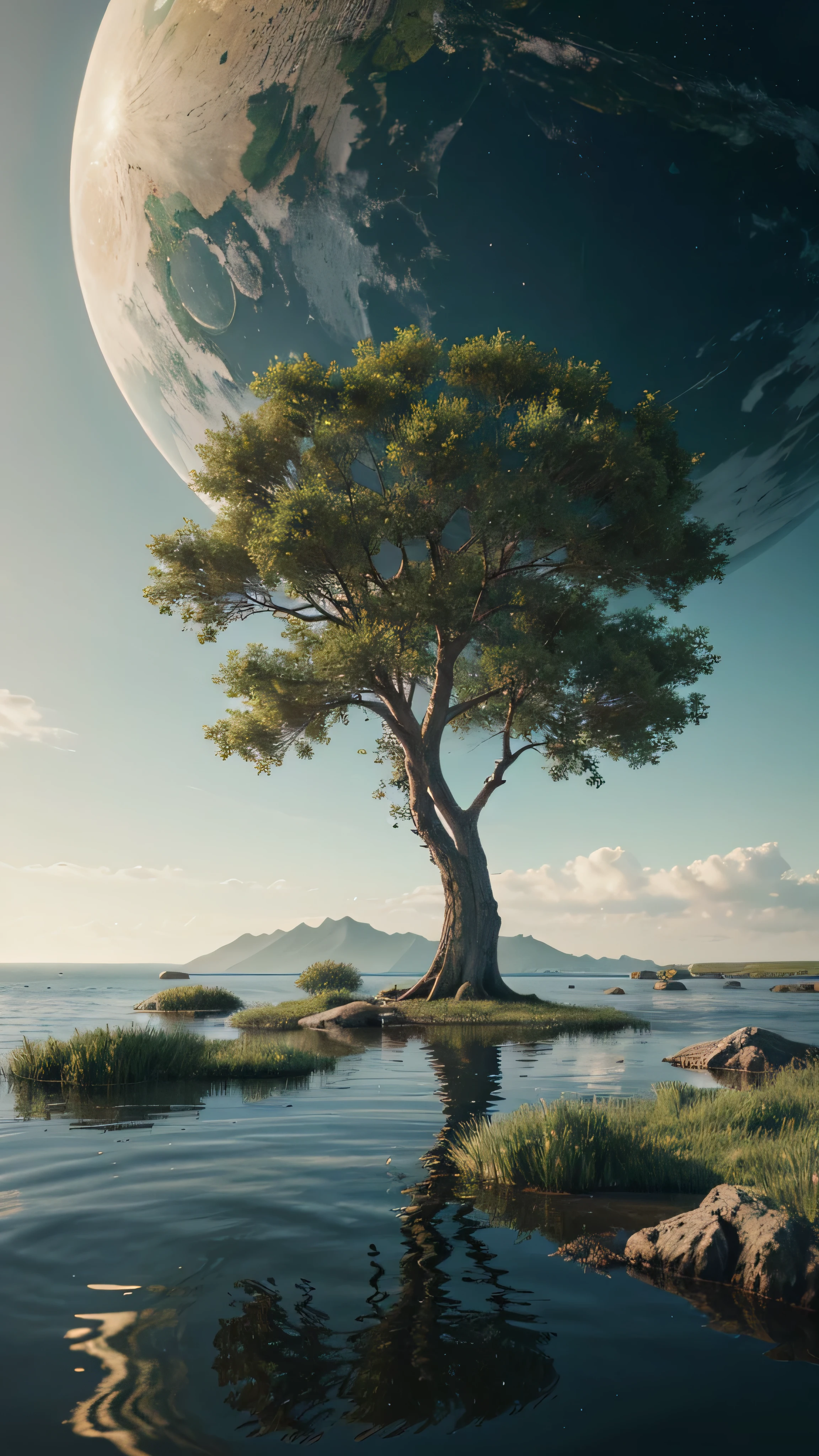 There is a tree standing in the water，A planet in the background, 4k highly detailed digital art, 4k hd wallpapers very detailed, Beautiful art UHD 4K, By Mike "Bipple" Winkelmann, avoid buzzer, 8k stunning artwork, 4K Fine Digital Art, Beeple Art, Fantasy Planet