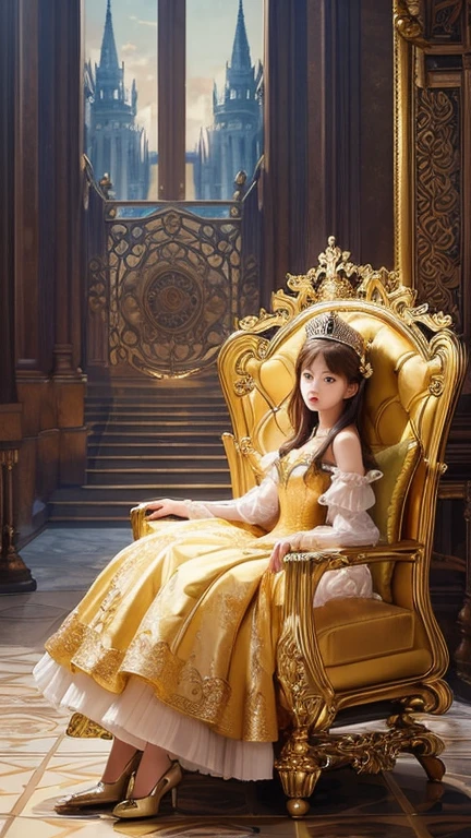(Best image quality, masterpiece:1.2), (Ultra-detailed drawing), Browsing Caution, (Very cute princess:1.3), (1 girl:1), alone, (Shooting from below) ,(Condescending look) Browsing Caution, gorgeous Queen dress, Sit on the throne chair, Queen'Crown, Showing panties, whole body, Round baby face, ( Blonde short cut), Underarm, (White thigh-high pantyhose:1.2), Wicked Smile, Mean face, A girl's bratty smile, Luxurious palace room, Fancy Room,, Spread your legs, Beautiful legs, Show the soles of your feet、(Realistic Mekosuji:1.3)、(Fresh Cameltoe:1.4)、(Natural life-size)、(Cameltoe through panties:1.3),(Realistic panties:1.3)、(Sheer panties:1.2)