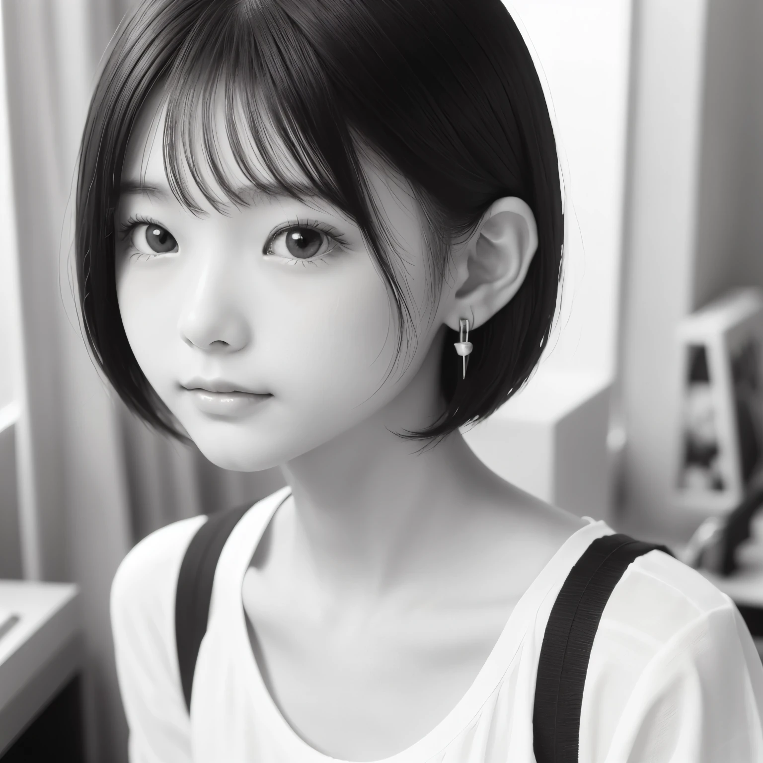 Black and White、monotone、PAPERCUT、woman、Baby Face、 Extra Short Hair, Side lock hair、 Earrings