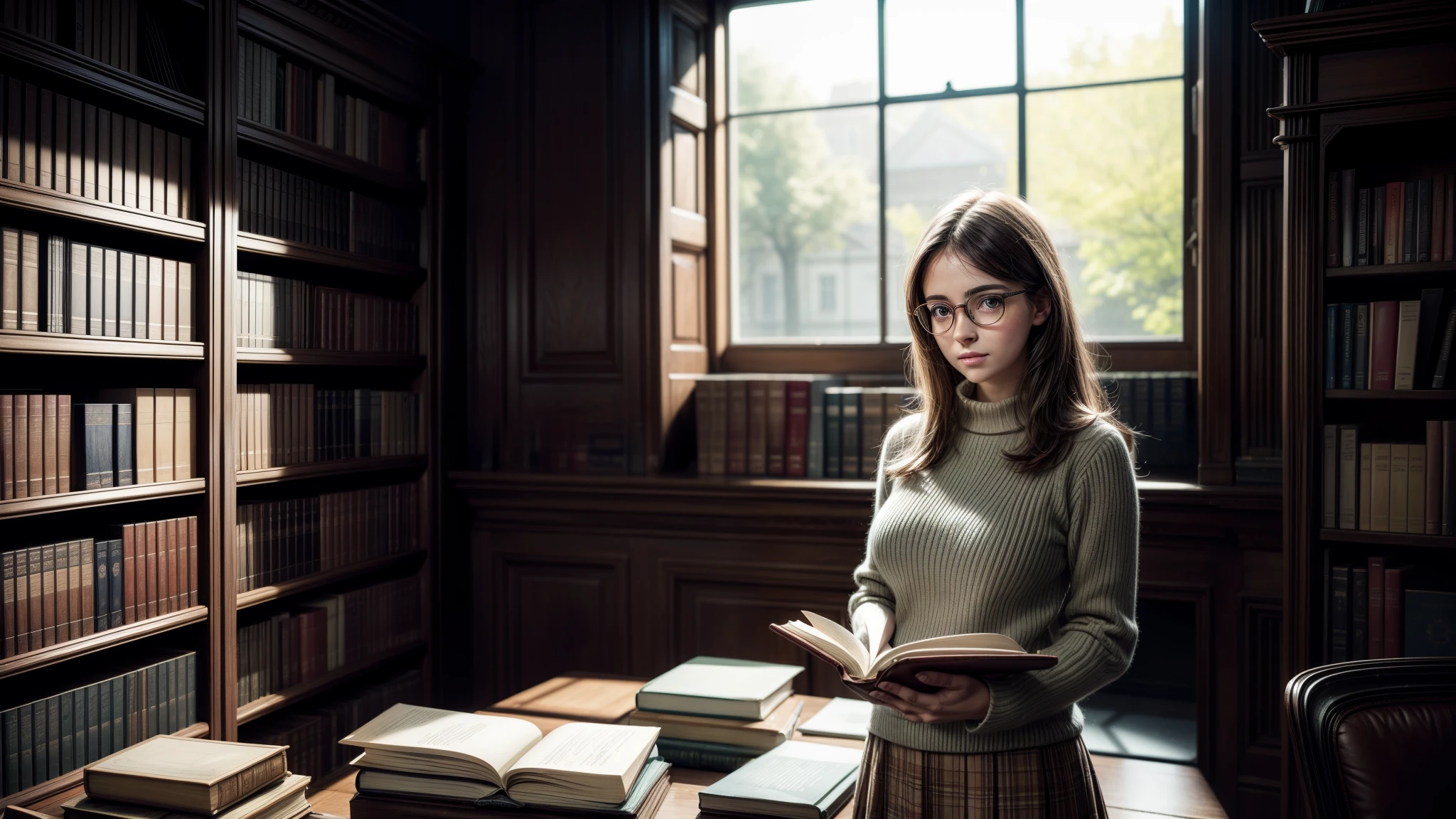 A reaslistic illustration concept art of a standing european college girl student of around 25 year, old wearing big glasses, holing a pile of book, and scattered books in a library, with warm background and large windows, realistic illustration, concept art, masterpiece.