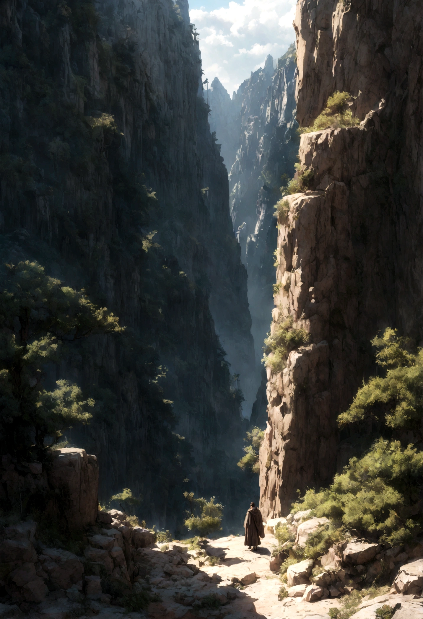 A Greek warrior, (wearing a robe), standing at a precipice, (in front of a deep uncharted wilderness), 8k