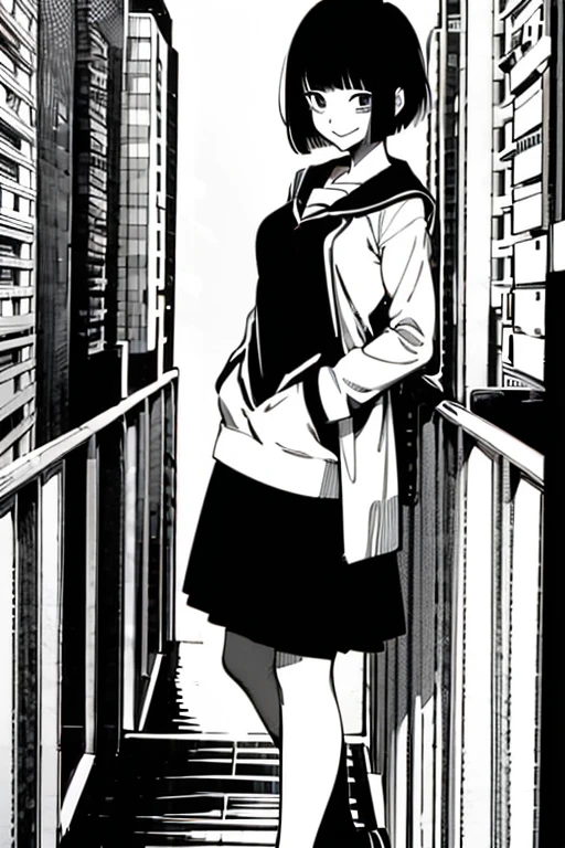 Girl with short black hair and bangs smiling, full body shots, manga page with panels and dialogue